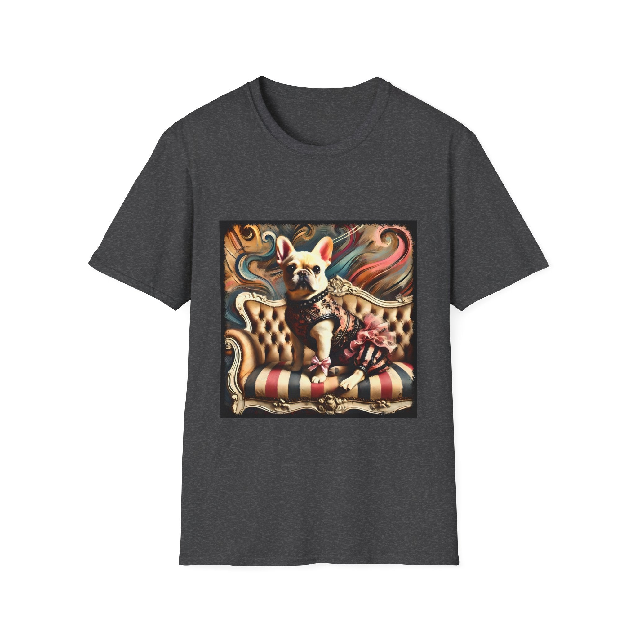 Dark heather dog t-shirt featuring cream French Bulldog in floral vest and pink bow on striped settee with swirl background.