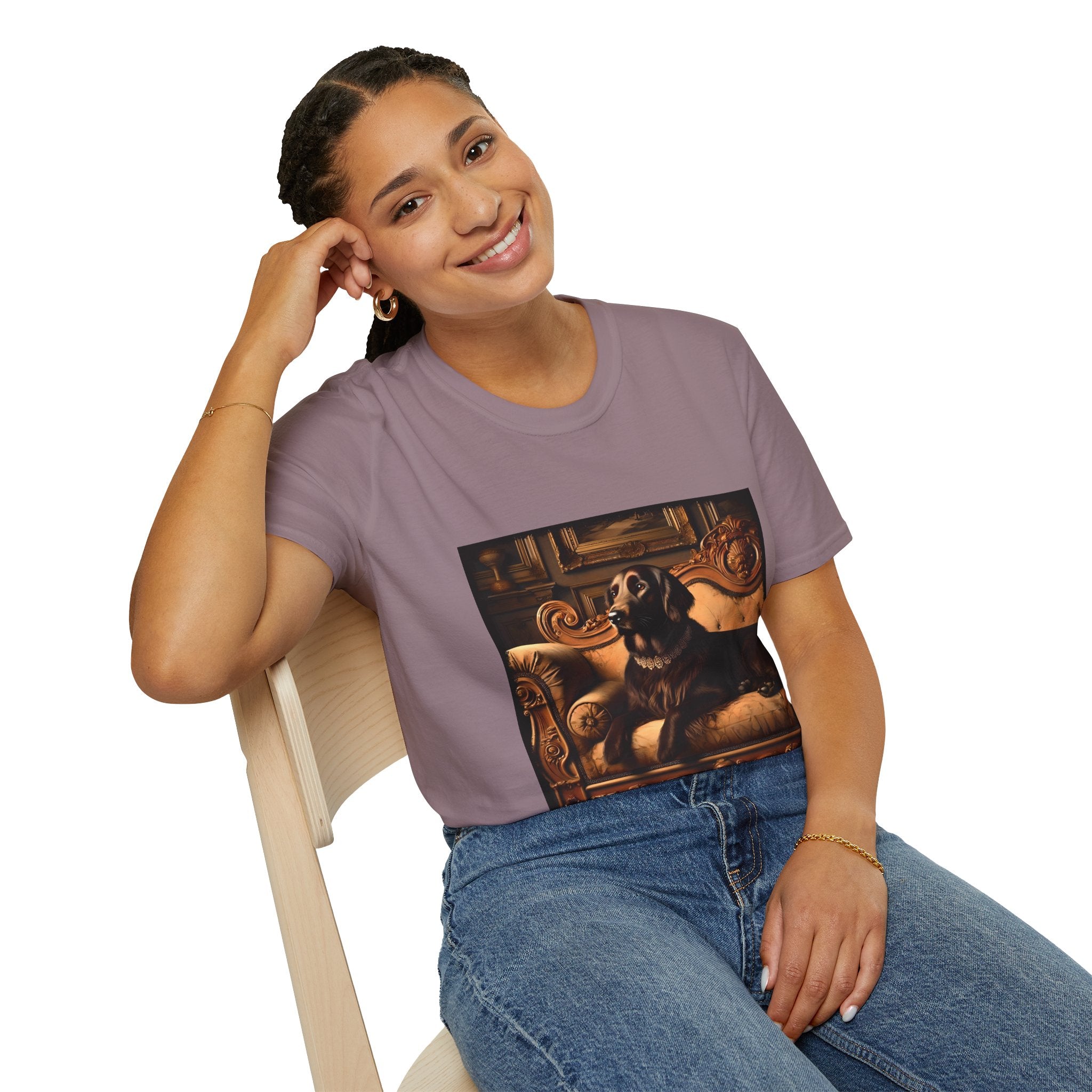 Female sitting in mauve dog t-shirt featuring chocolate golden retriever on gold settee, jeweled collar in regal backdrop.