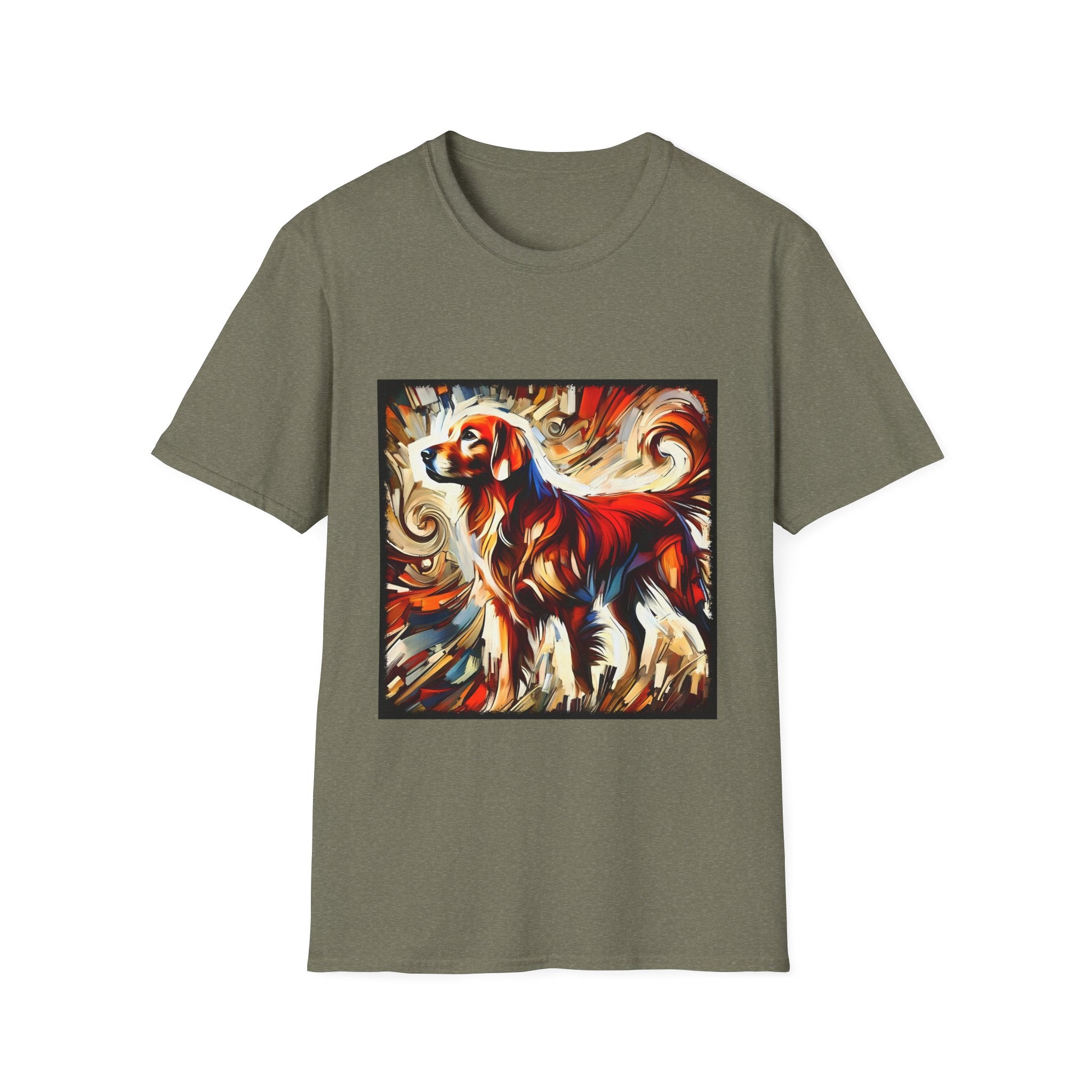 Heather military green dog t-shirt with golden retriever in red coat, abstract swirl background in bold warm tones.