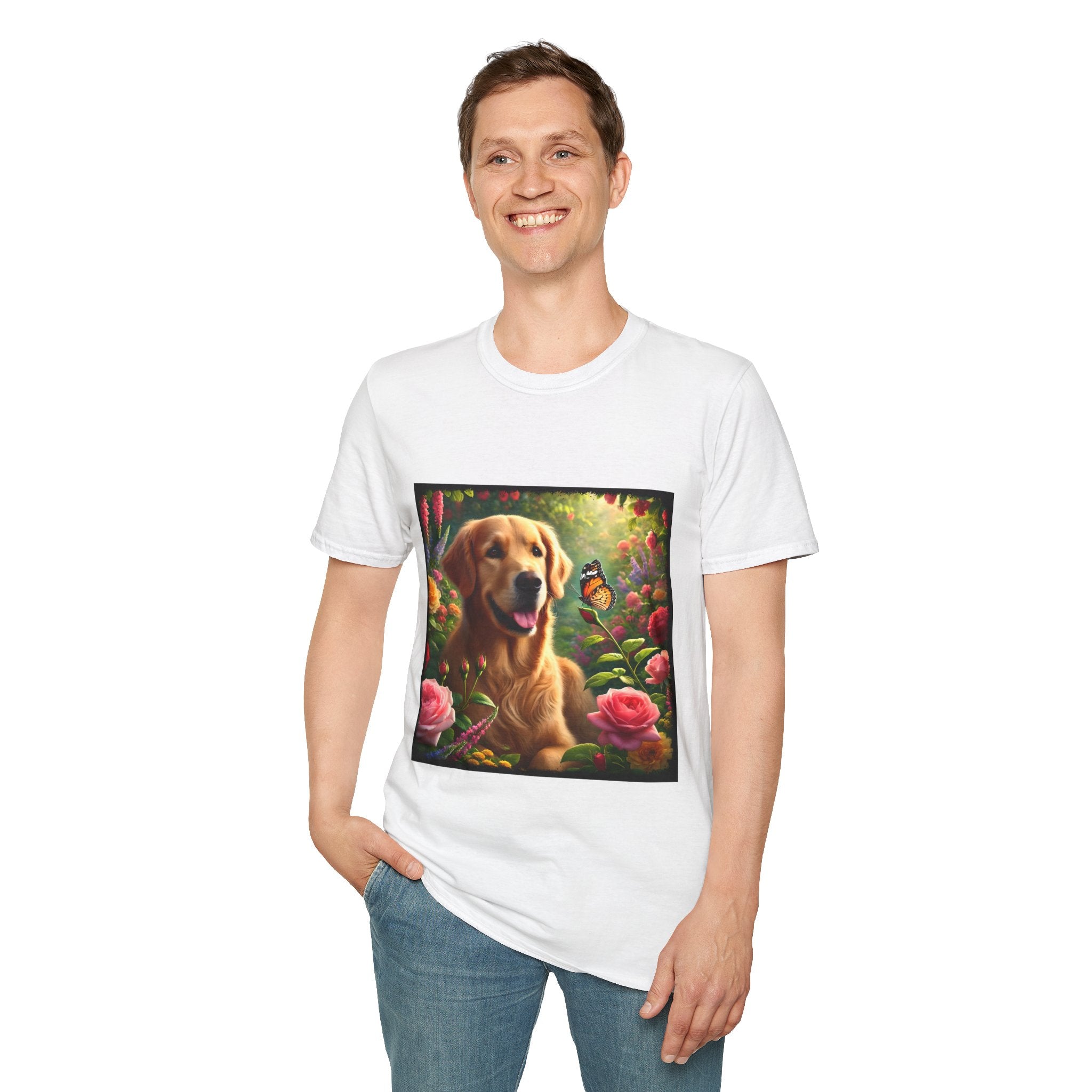 Male model wears white dog t-shirt featuring a golden retriever in a vibrant garden with roses, wildflowers, and a butterfly.
