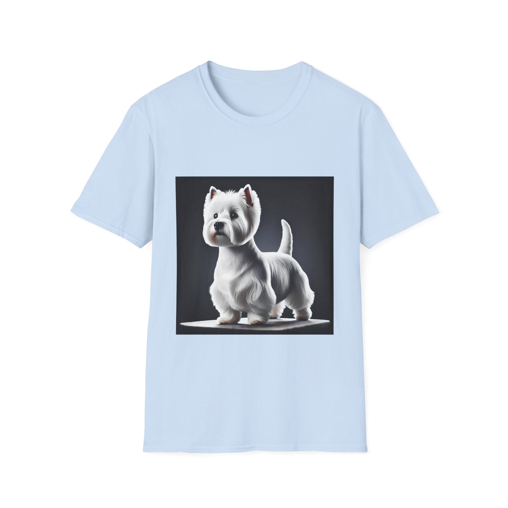 Light blue dog t-shirt featuring a Westie standing proud on a platform against a dramatic dark backdrop.