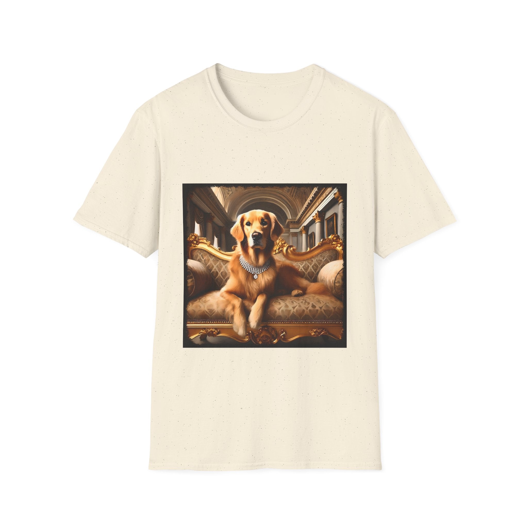 Natural dog t-shirt featuring regal golden retriever in diamond collar lounging on ornate gold baroque settee.