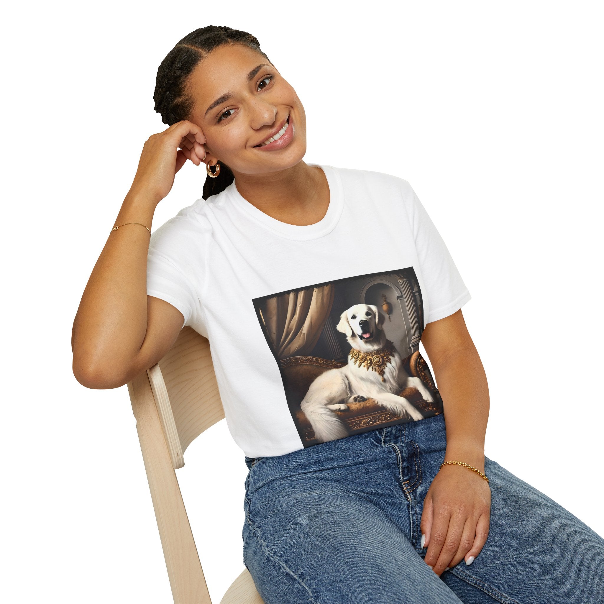 Female model wears white dog t-shirt featuring a regal white golden retriever lounging on a gold settee with ornate curtains.