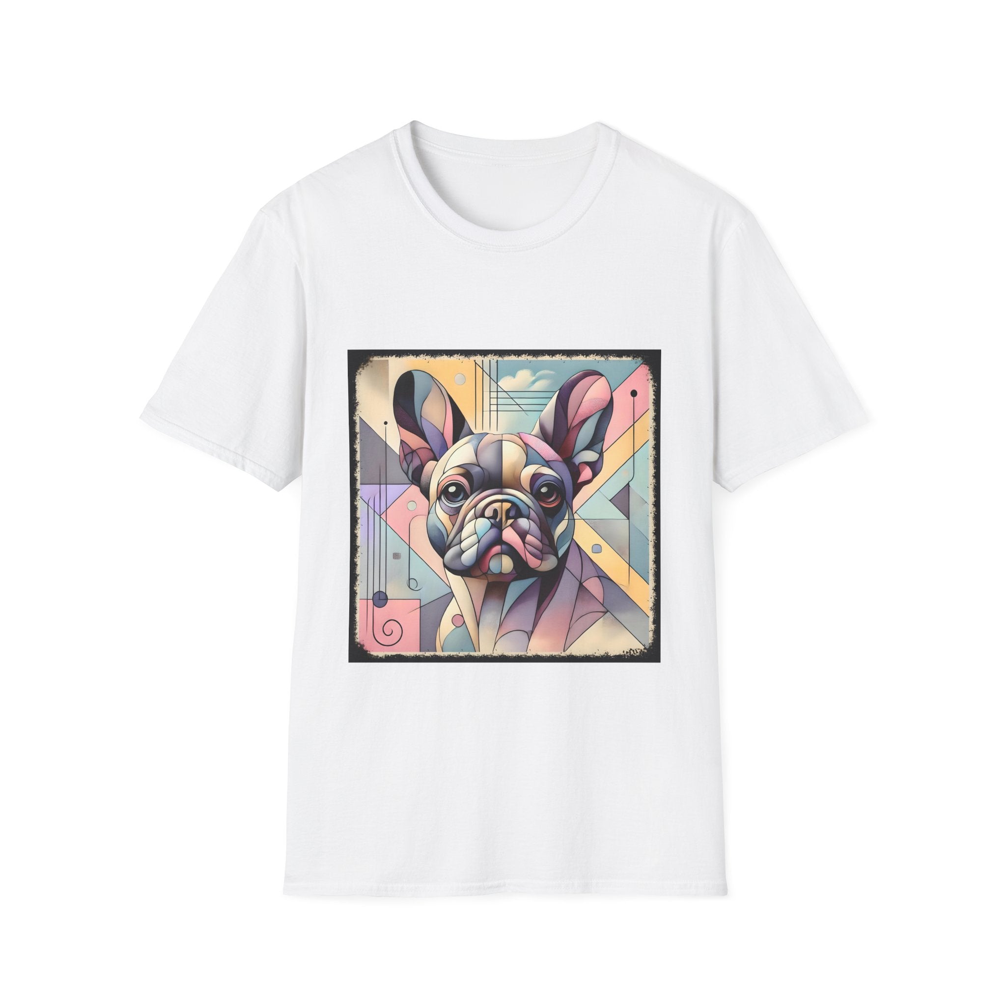 White shirt with Cubism-style French Bulldog design in soft pastel colors and abstract shapes.