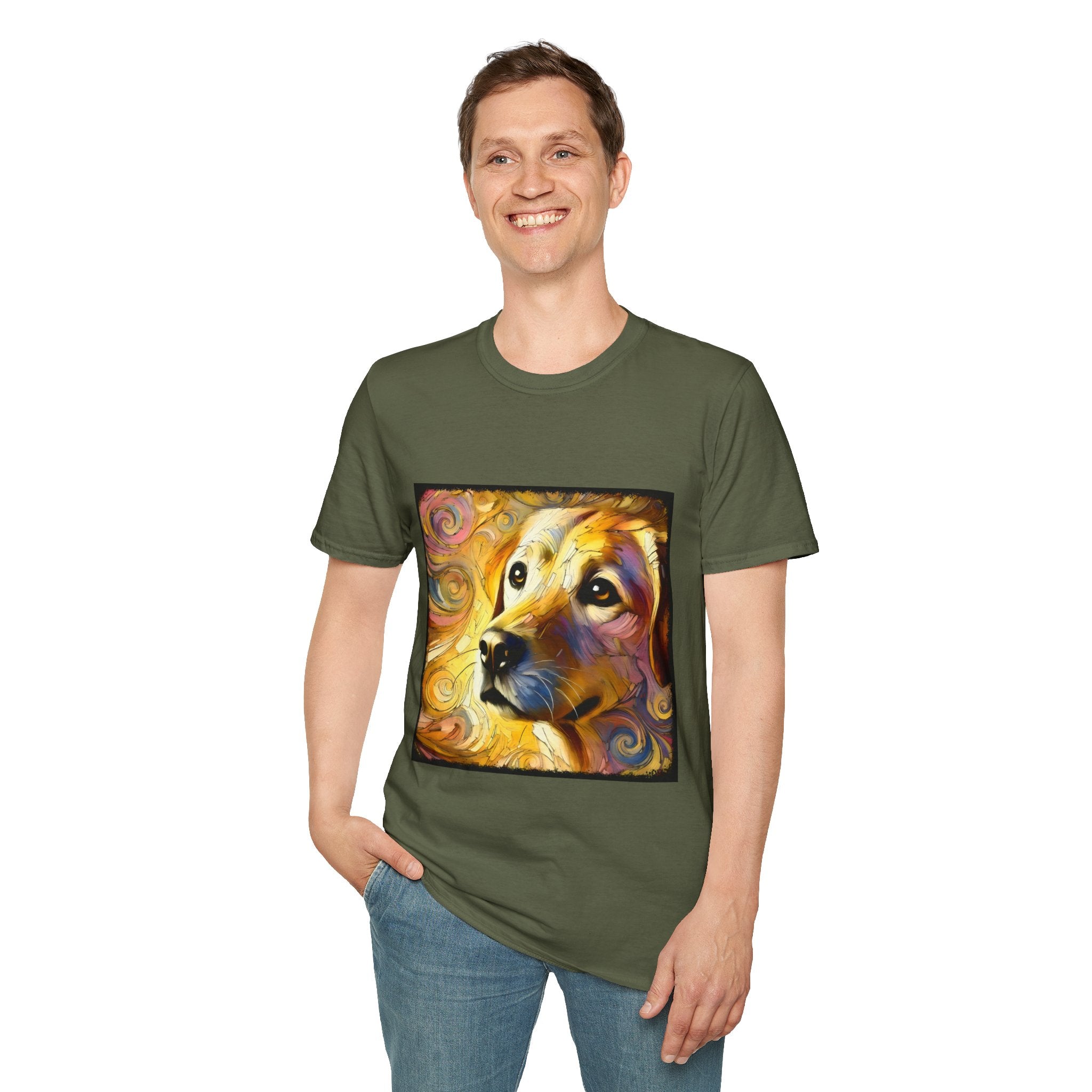 Male model wears military green dog t-shirt featuring a golden retriever with swirling brushstroke-style yellow-orange background.