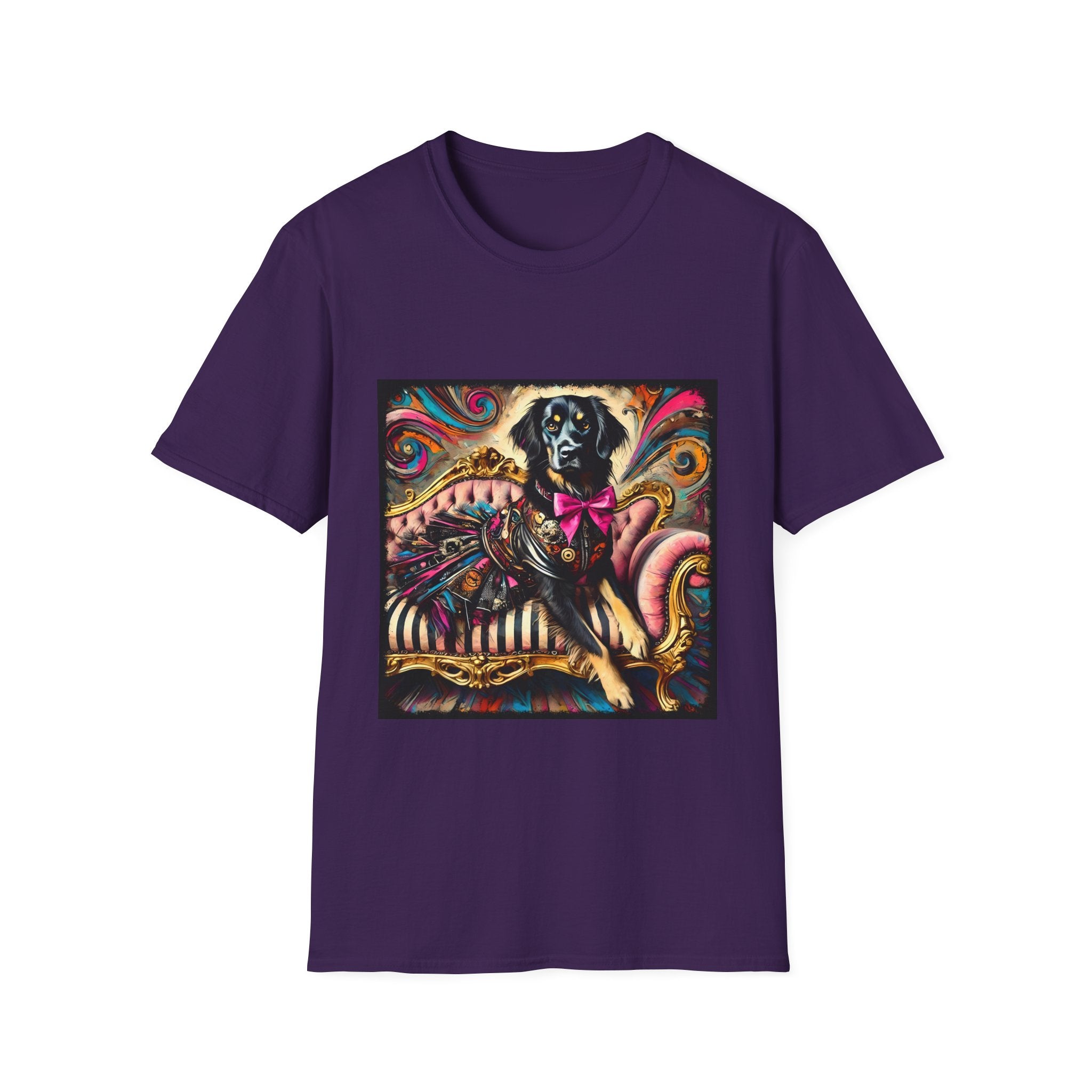 Purple dog t-shirt with black retriever in edgy outfit and pink bow on striped settee, swirl backdrop.