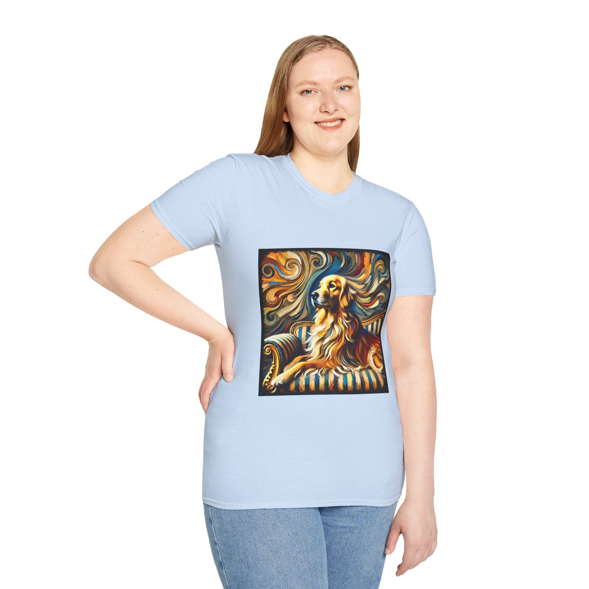 Female model in light blue dog t-shirt featuring golden retriever on striped settee with swirling abstract background in golds.
