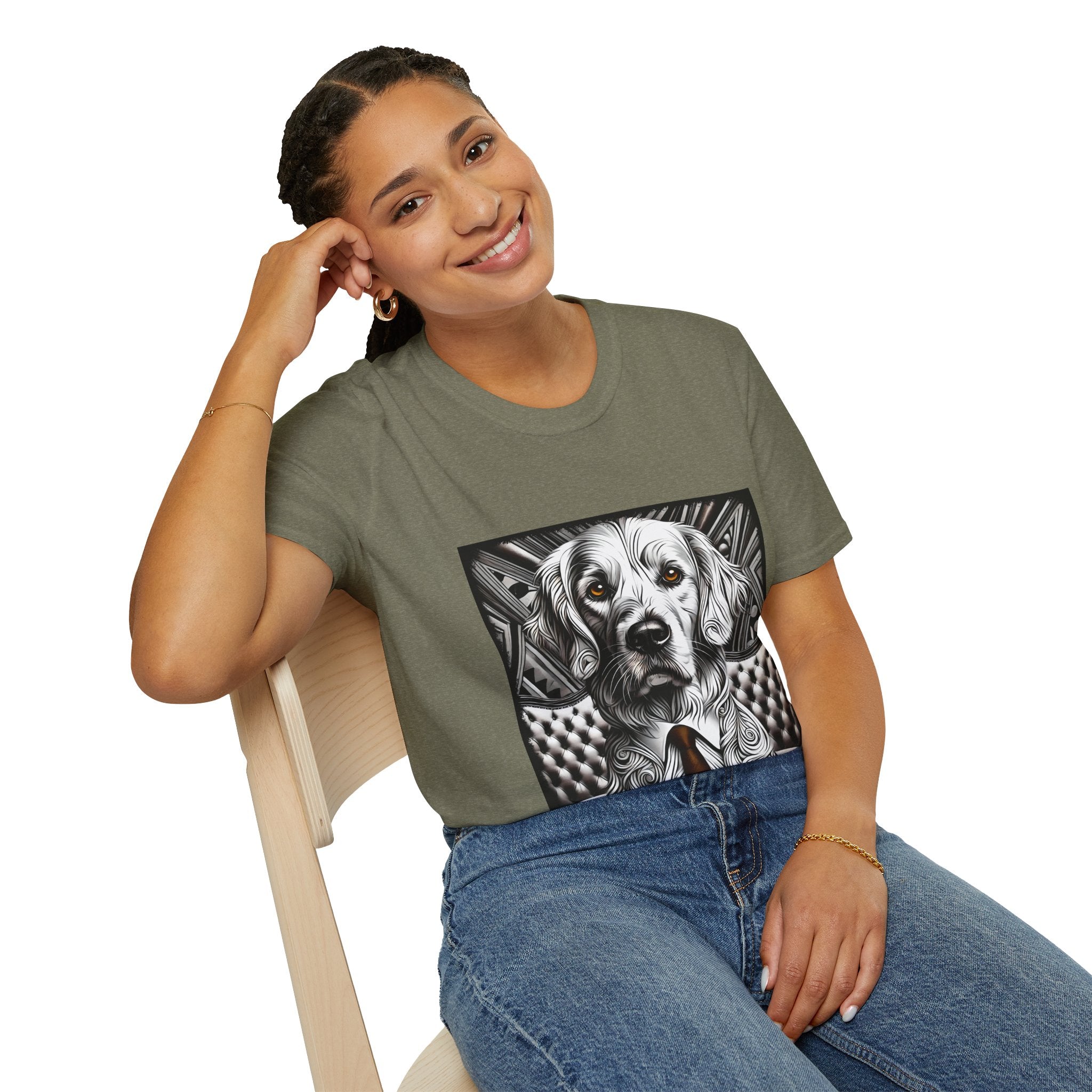 Female in military green dog t-shirt featuring monochrome golden retriever with brown eyes and tie in front of settee.