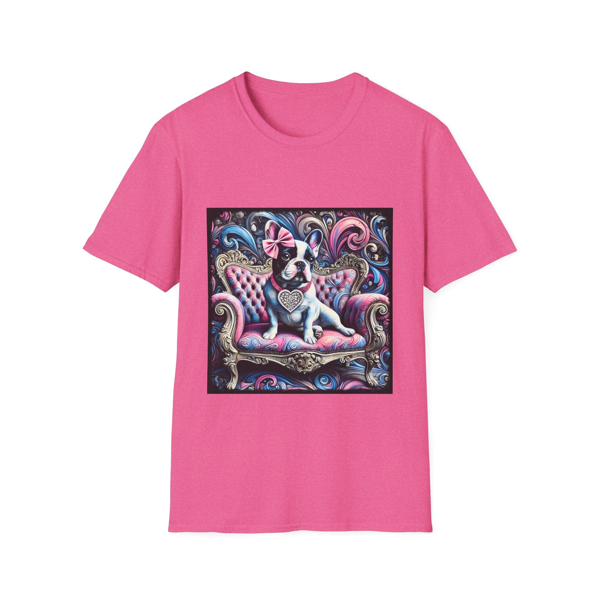 Bright pink dog t-shirt featuring a black and white French Bulldog with a pink bow, seated on a tufted pink and gold settee against a swirling blue, pink, and purple expressionist-style background.