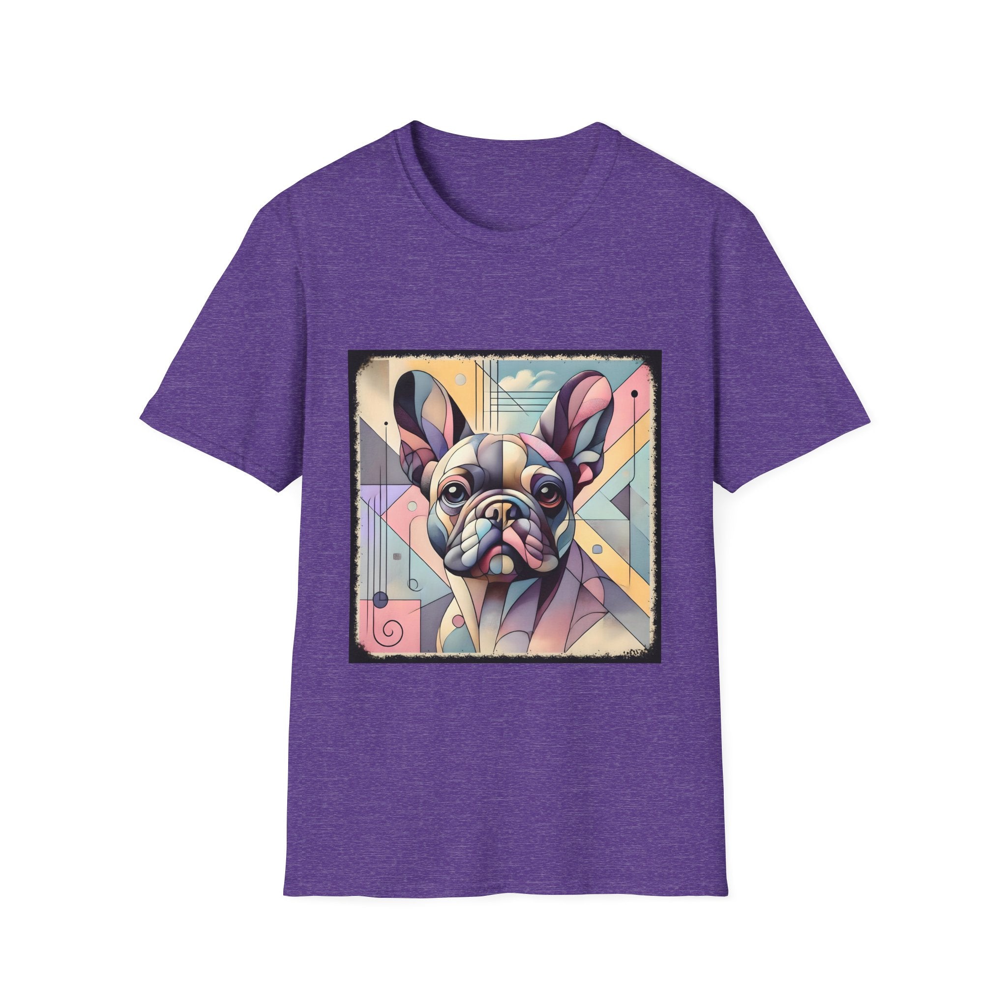 Heather purple shirt with Cubism-style French Bulldog design in soft pastel colors and abstract shapes.