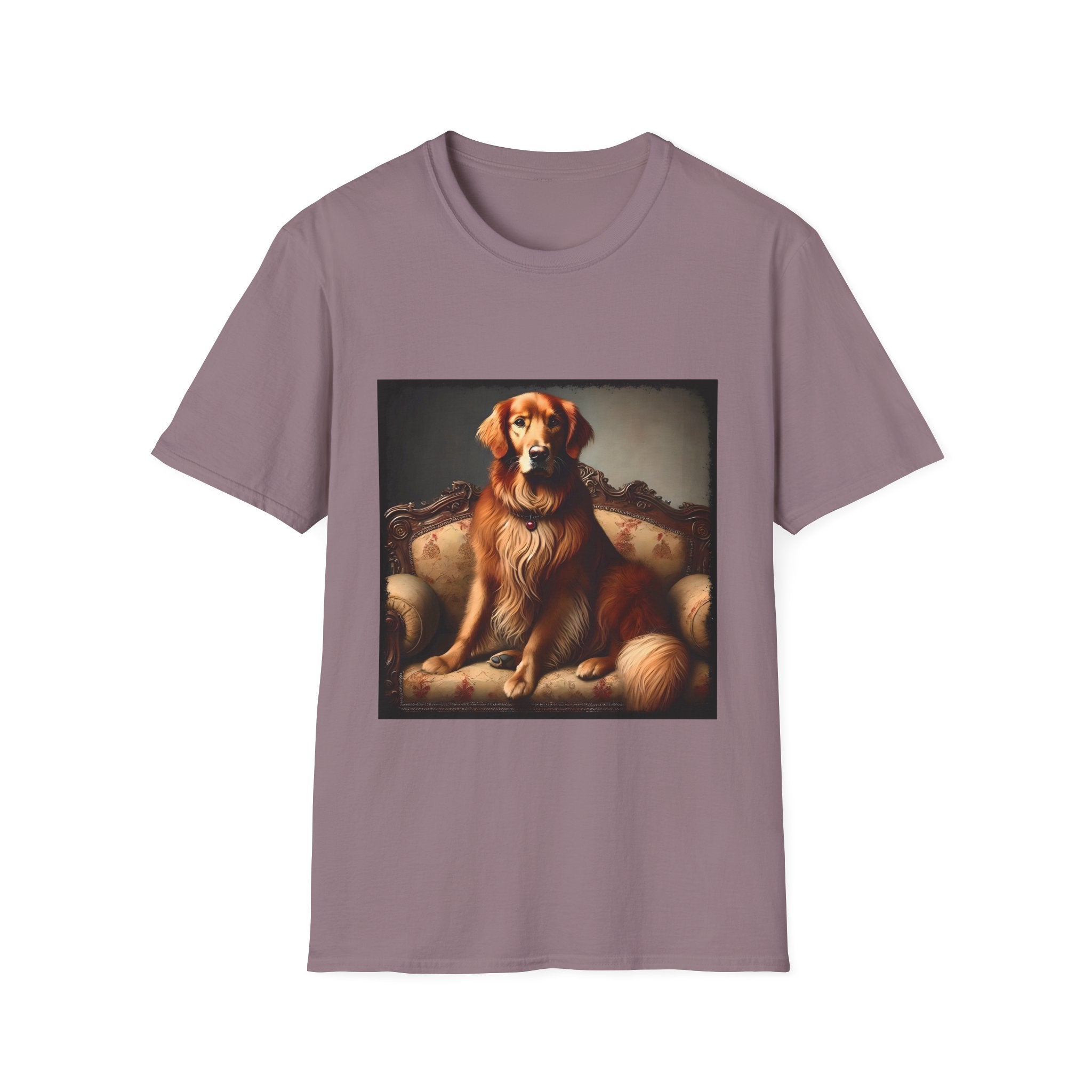 Mauve dog t-shirt featuring golden retriever on ornate settee with long fur and classic red tones.