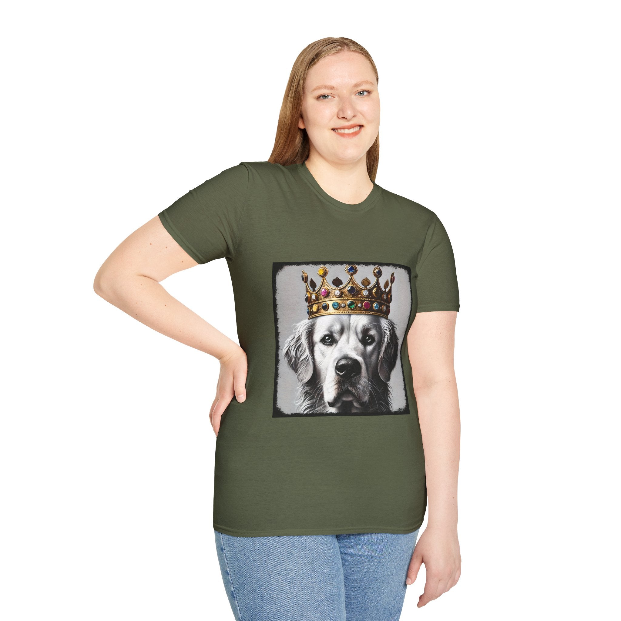 Female model in military green dog t-shirt featuring a black-and-white golden retriever in jeweled crown on gray backdrop.