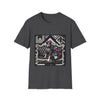 Dark heather dog t-shirt with black and white boxer in pink bow and varsity dress in pleated skirt, bold geometric black backdrop.