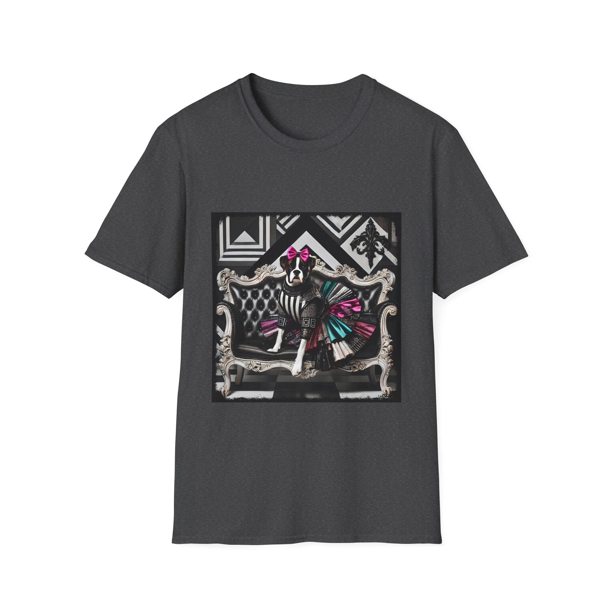 Dark heather dog t-shirt with black and white boxer in pink bow and varsity dress in pleated skirt, bold geometric black backdrop.