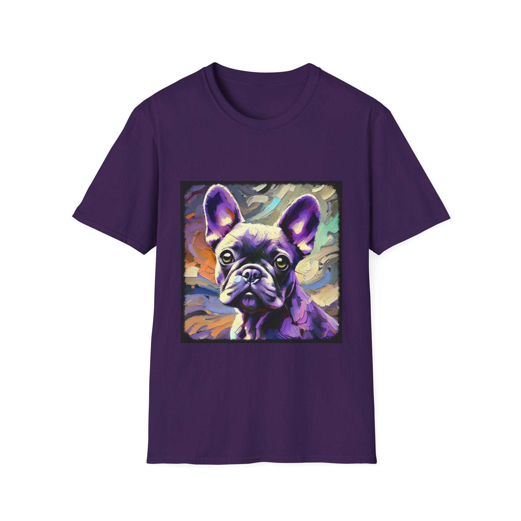 Purple dog t-shirt featuring a lavender purple French Bulldog with swirling brushstrokes of teal, orange, and cream.