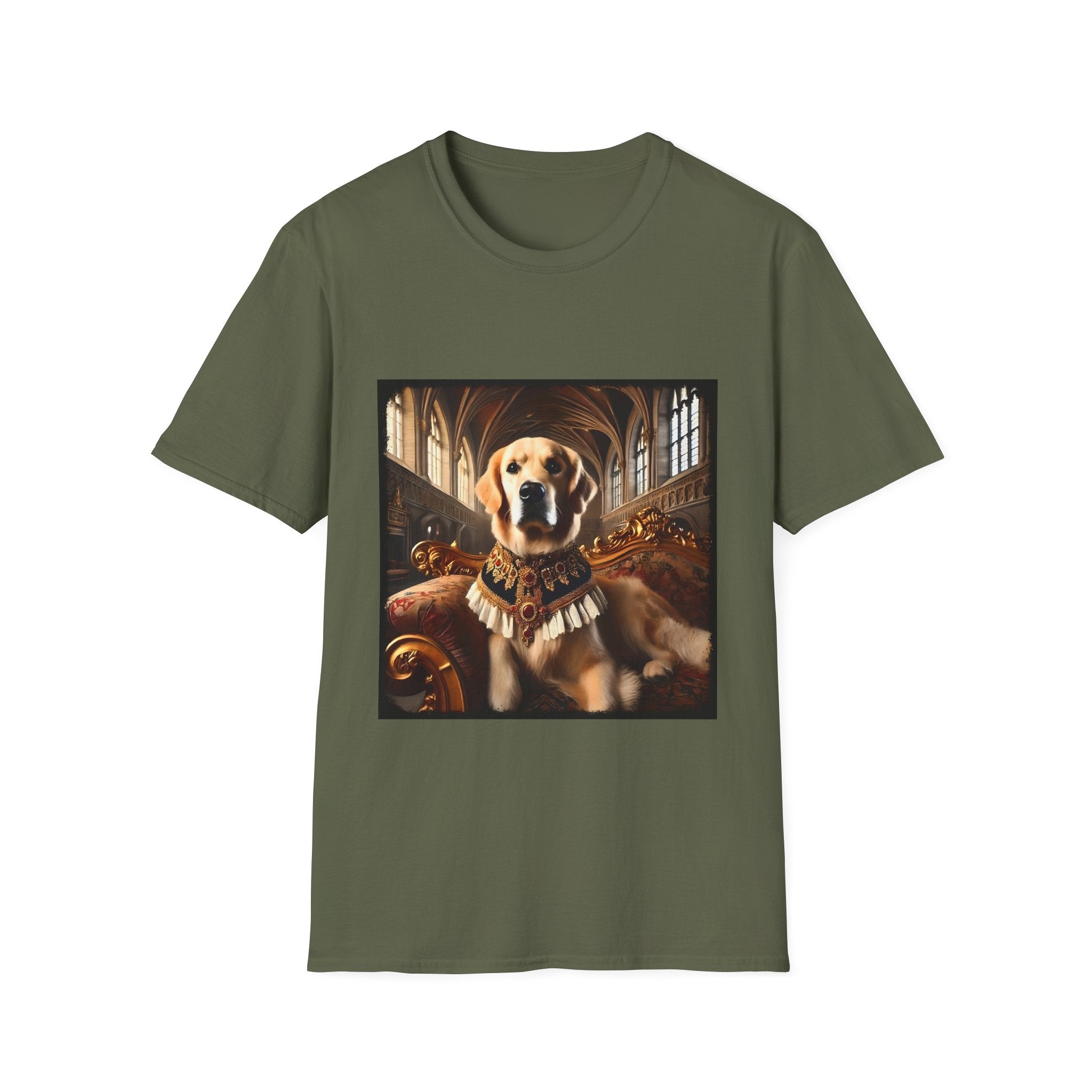 Military green dog t-shirt featuring golden retriever in royal collar on ornate settee in gothic hall.