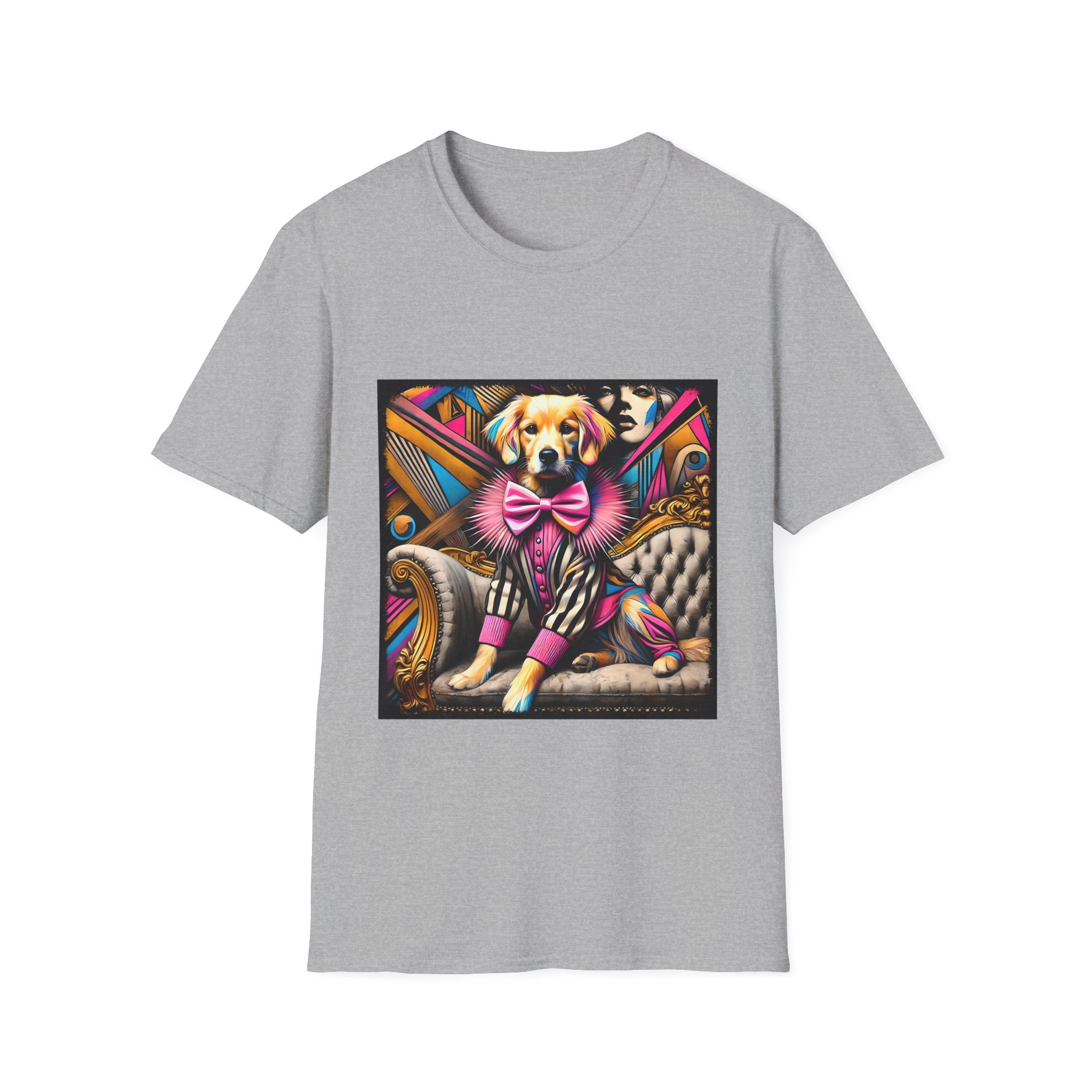 Sport gray dog t-shirt with golden retriever in striped outfit and pink bow on bold pop-art settee.