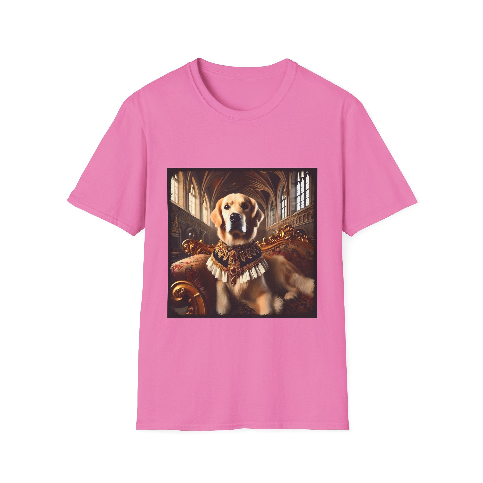 Pink dog t-shirt featuring golden retriever in royal collar on ornate settee in gothic hall.