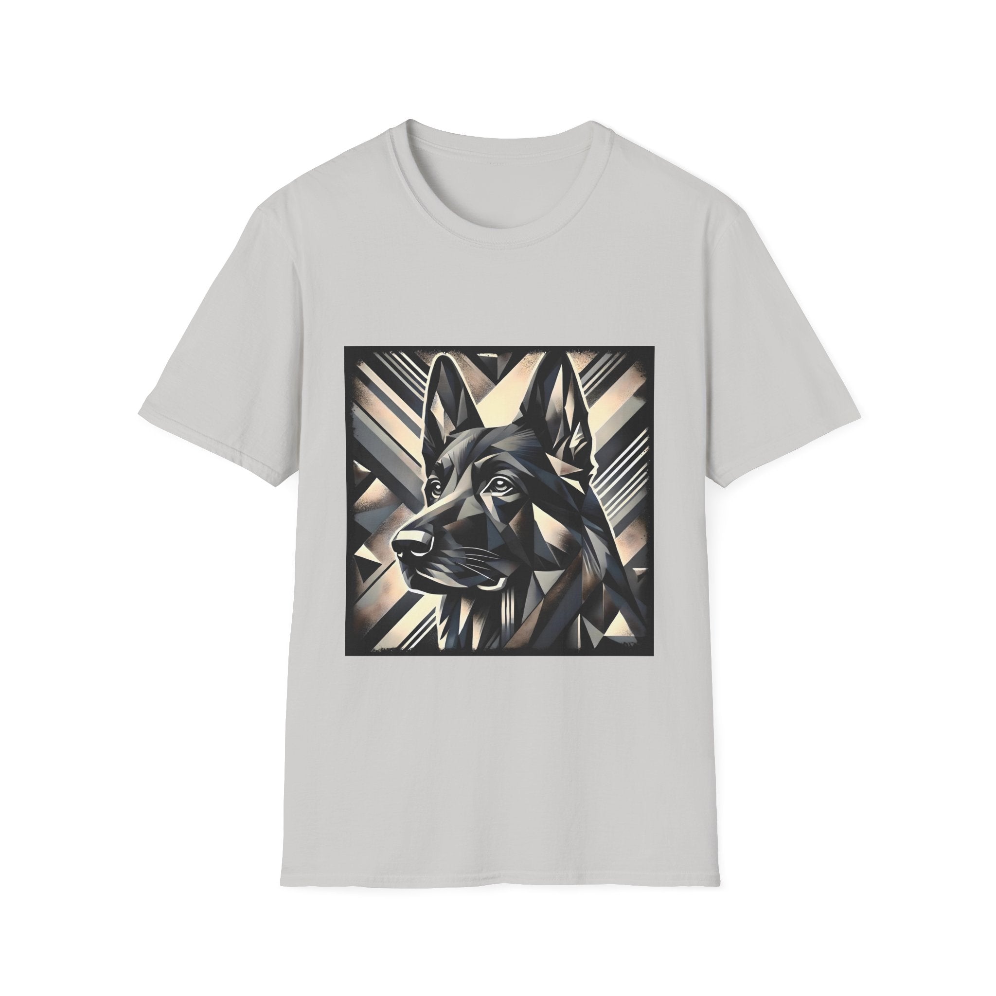 German Shepherd Geometric | Unisex Dog T-Shirt features a light gray design with a geometric German Shepherd in a square frame—perfect for fans of abstract, angular patterns.