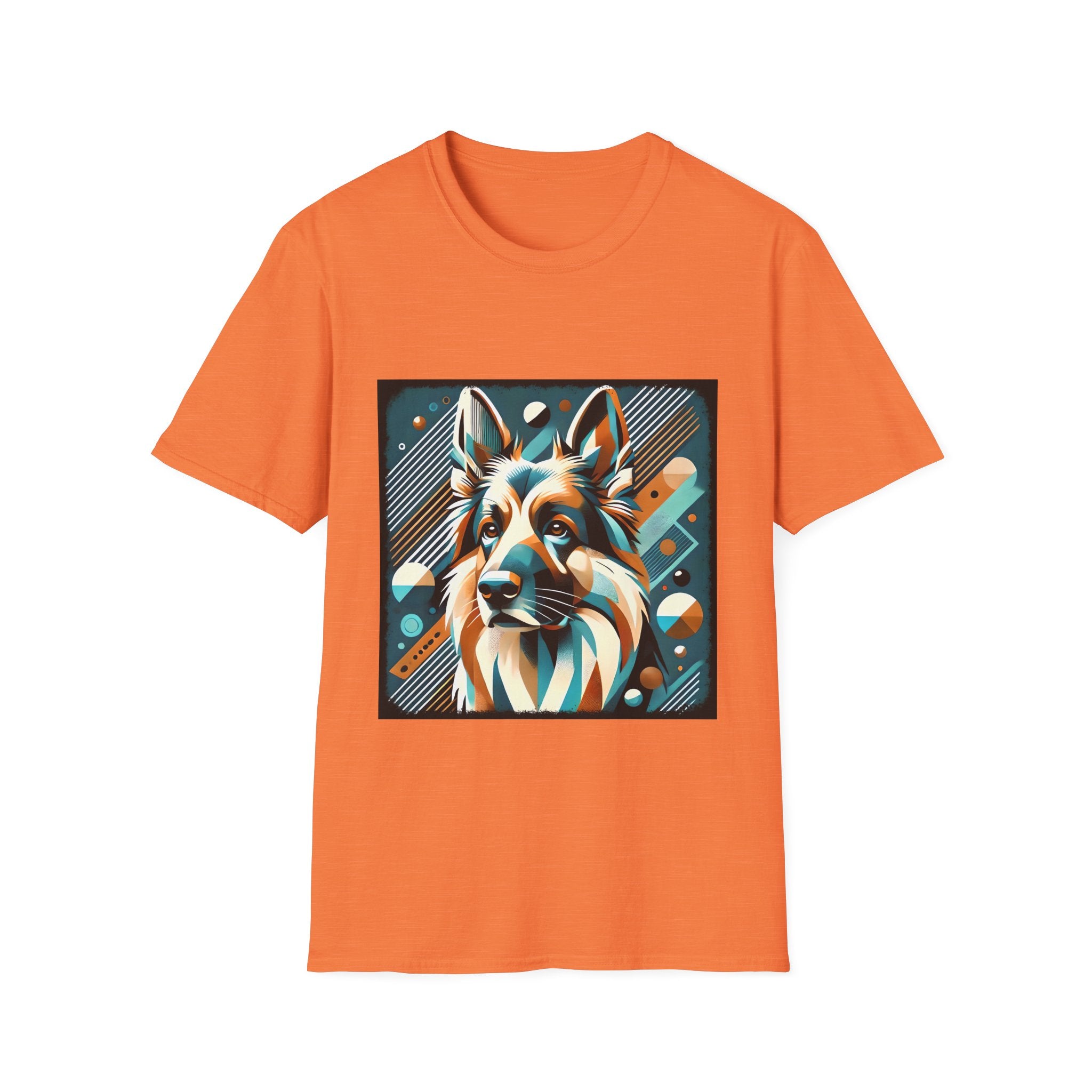 German Shepherd Vibrant Geometric Unisex Dog T-Shirt showcases a bold, geometric dog design with blue, white, and orange accents—ideal for fans of stylish and modern dog-themed apparel.