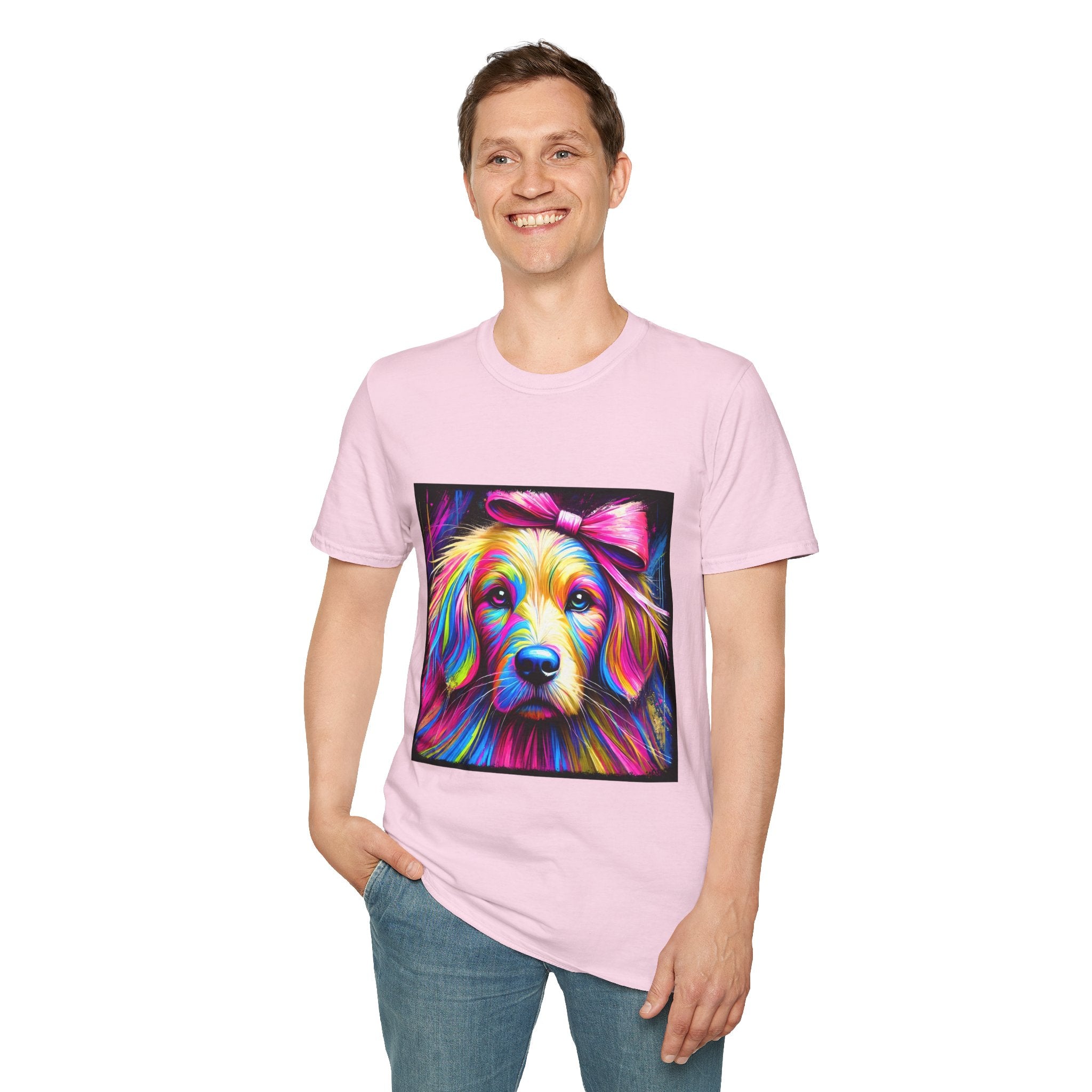 Male model in light pink dog t-shirt featuring neon-colored golden retriever with pink bow on vibrant electric abstract backdrop.