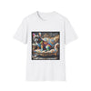 White t-shirt featuring rainbow French Bulldog on golden settee with swirl pattern, expressionism style.