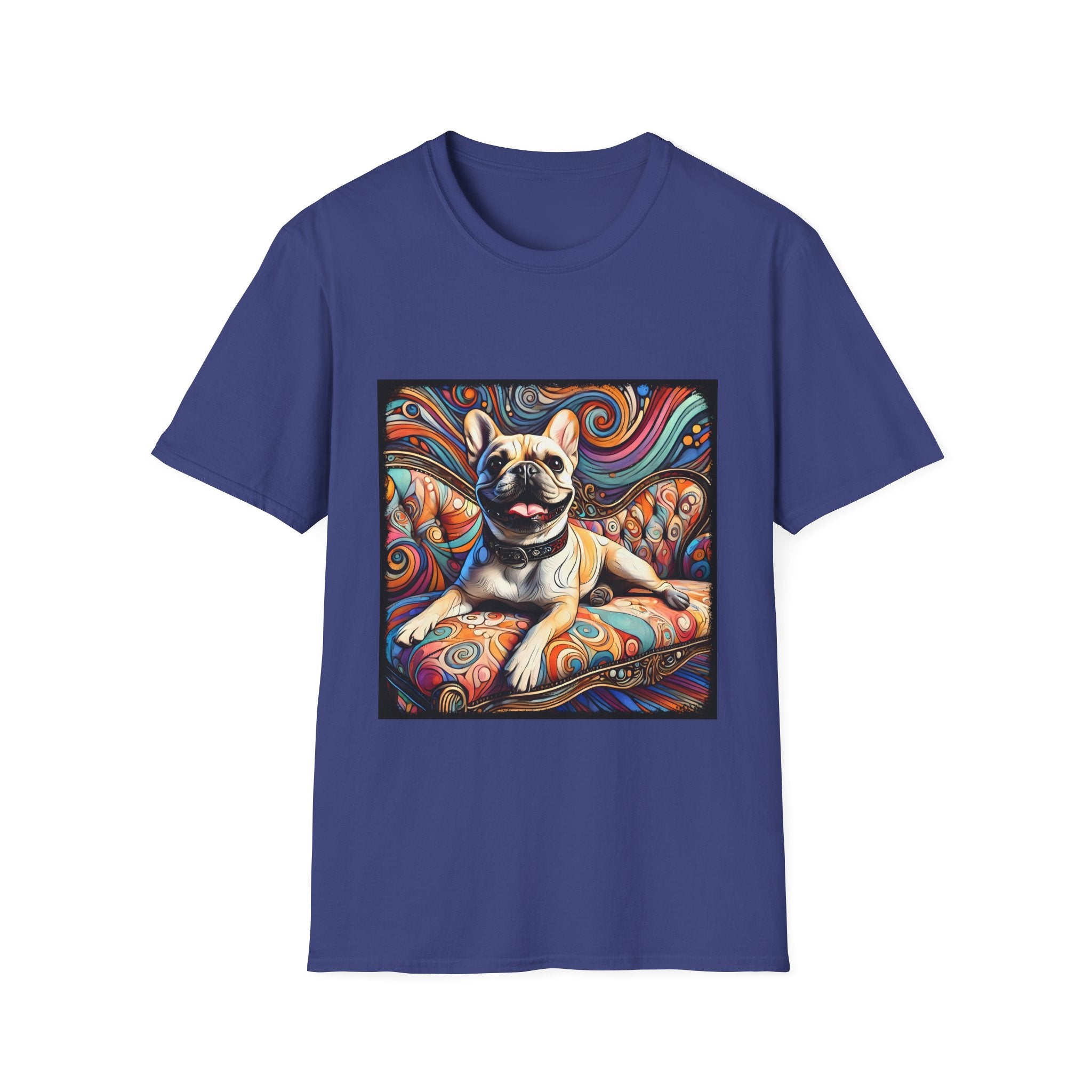 Royal blue dog t-shirt featuring fawn French Bulldog with collar lounging on colorful swirl settee with vivid abstract background.