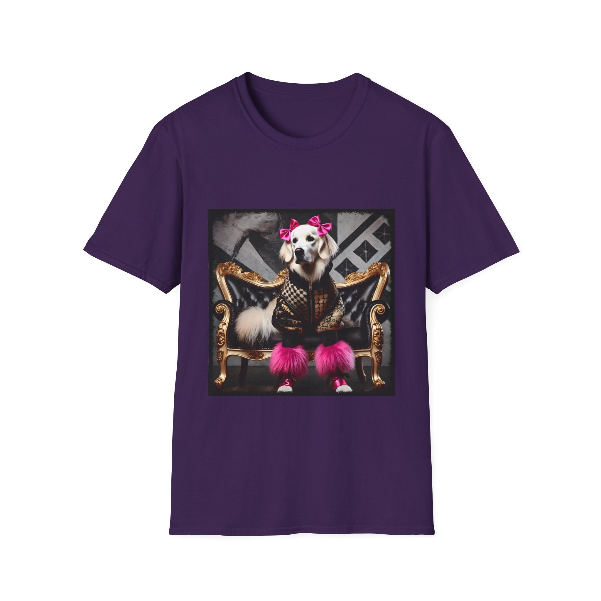 Purple dog t-shirt featuring white dog in pink bows and boots on gold settee with edgy gray backdrop.