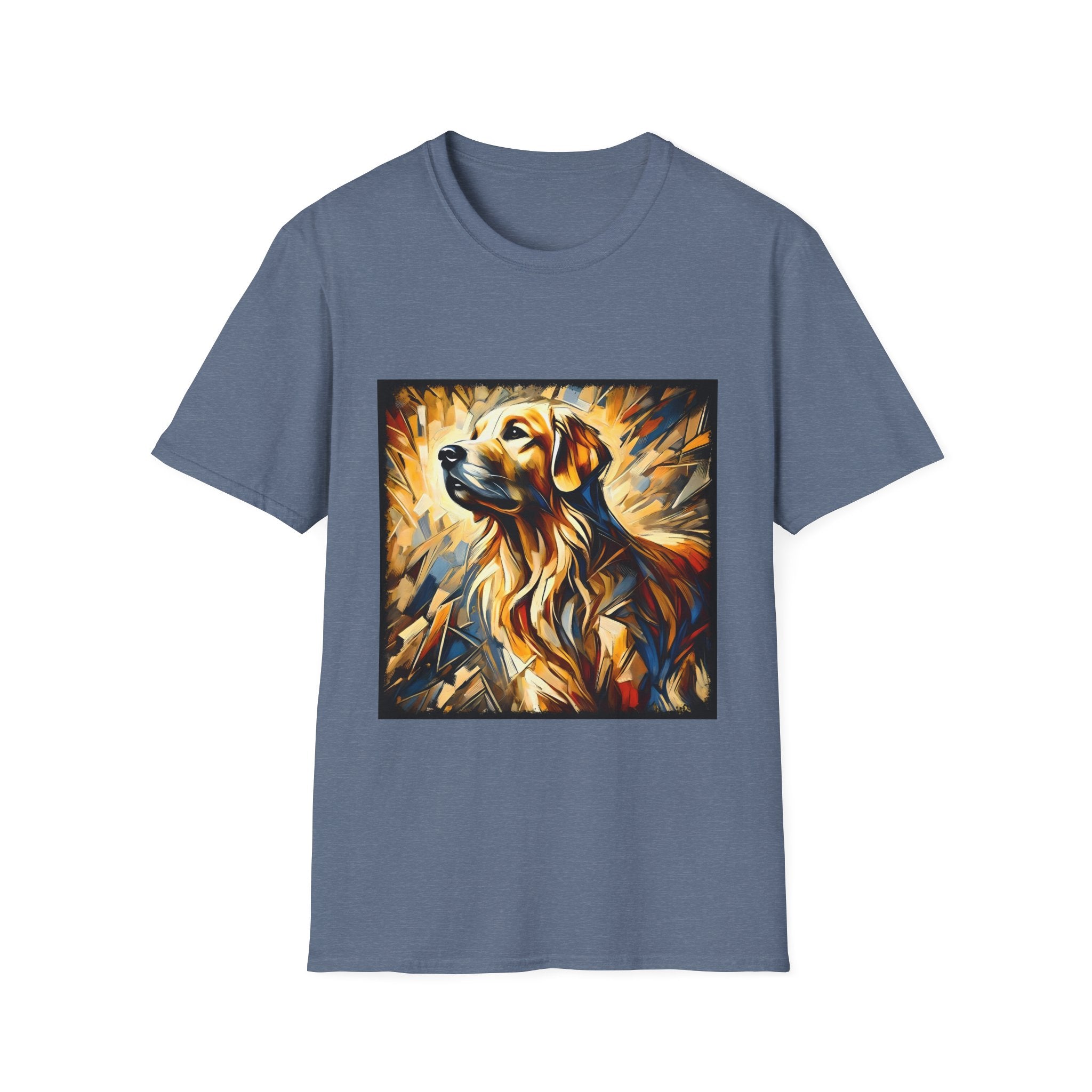 heather indigo dog t-shirt featuring golden retriever portrait with fiery gold, blue, and amber abstract swirls.