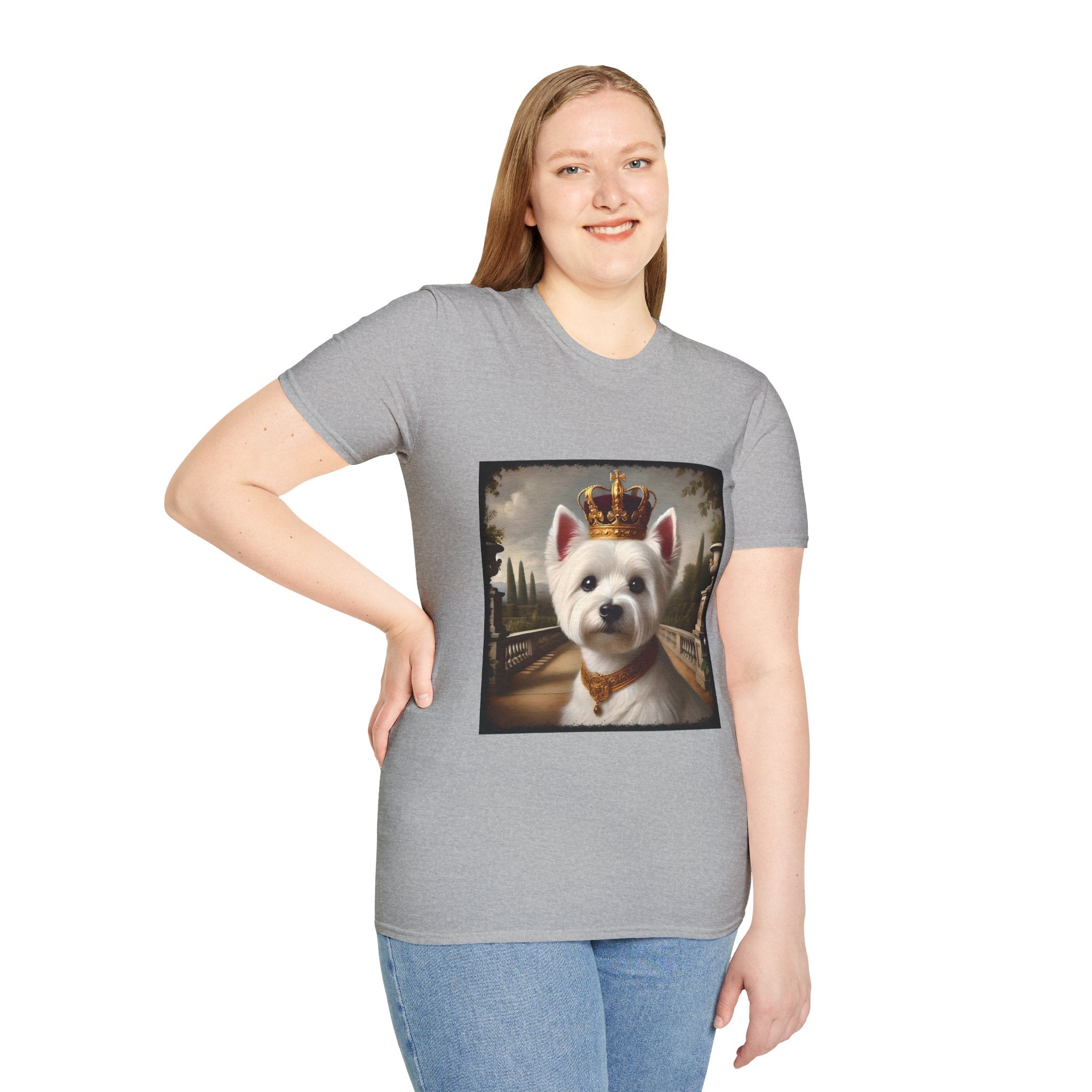 Female model in sport gray dog t-shirt featuring regal Westie in gold crown and collar on palace terrace background.
