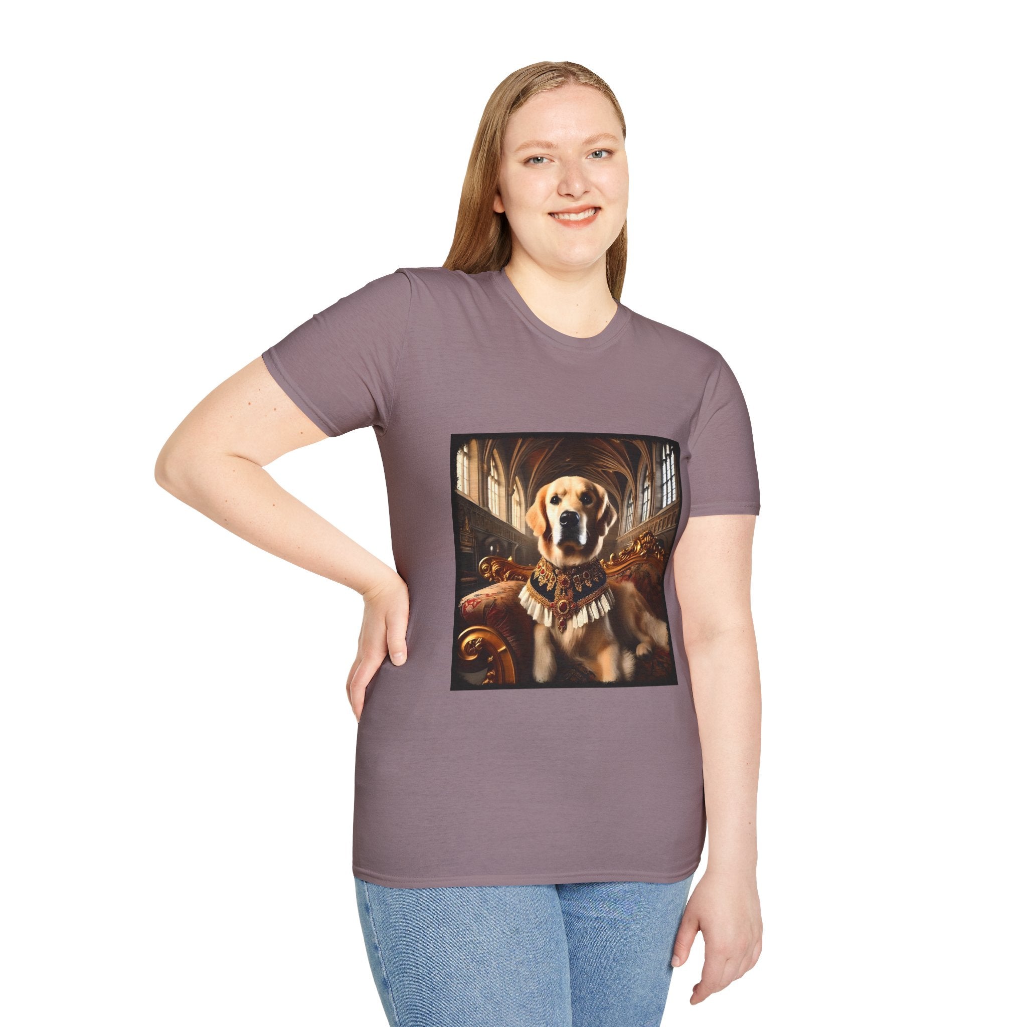 Female model in mauve dog t-shirt featuring golden retriever in royal collar on ornate settee in gothic hall.