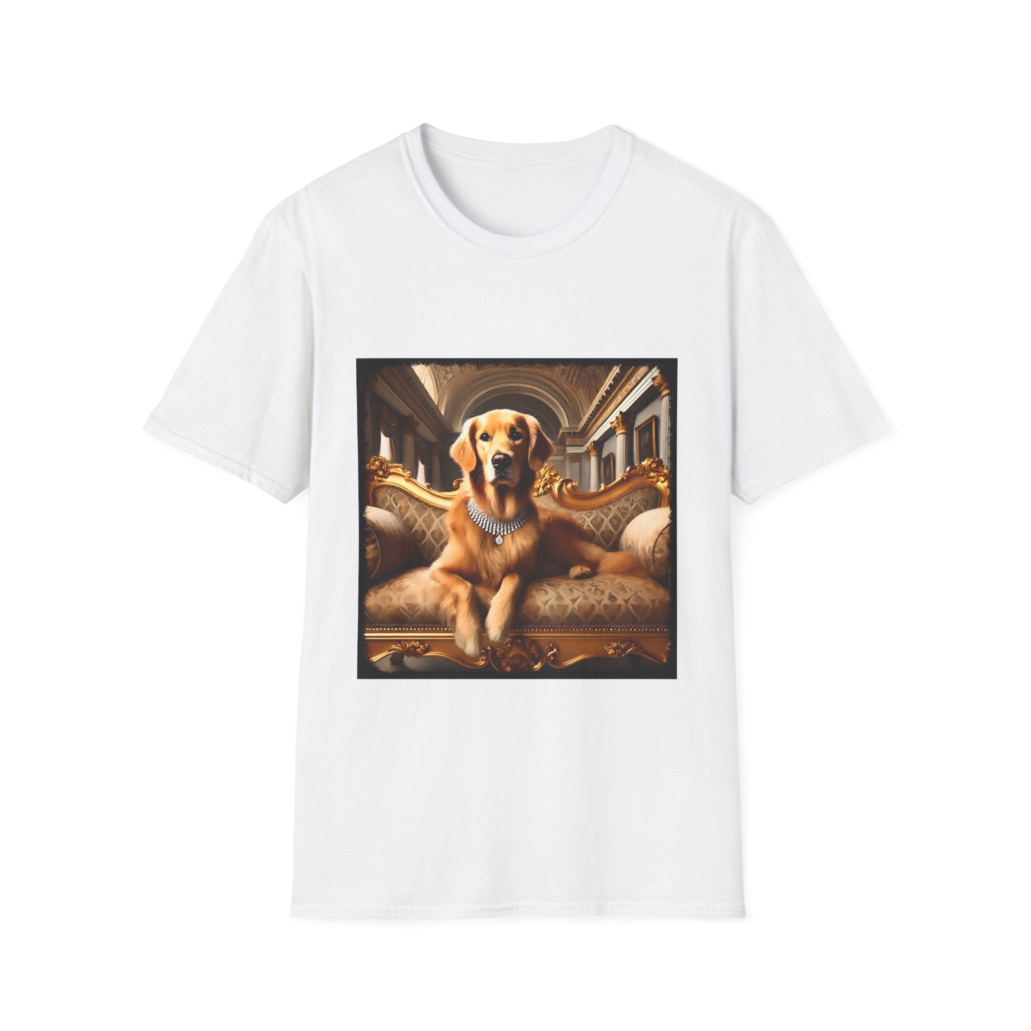 White dog t-shirt featuring regal golden retriever in diamond collar lounging on ornate gold baroque settee.
