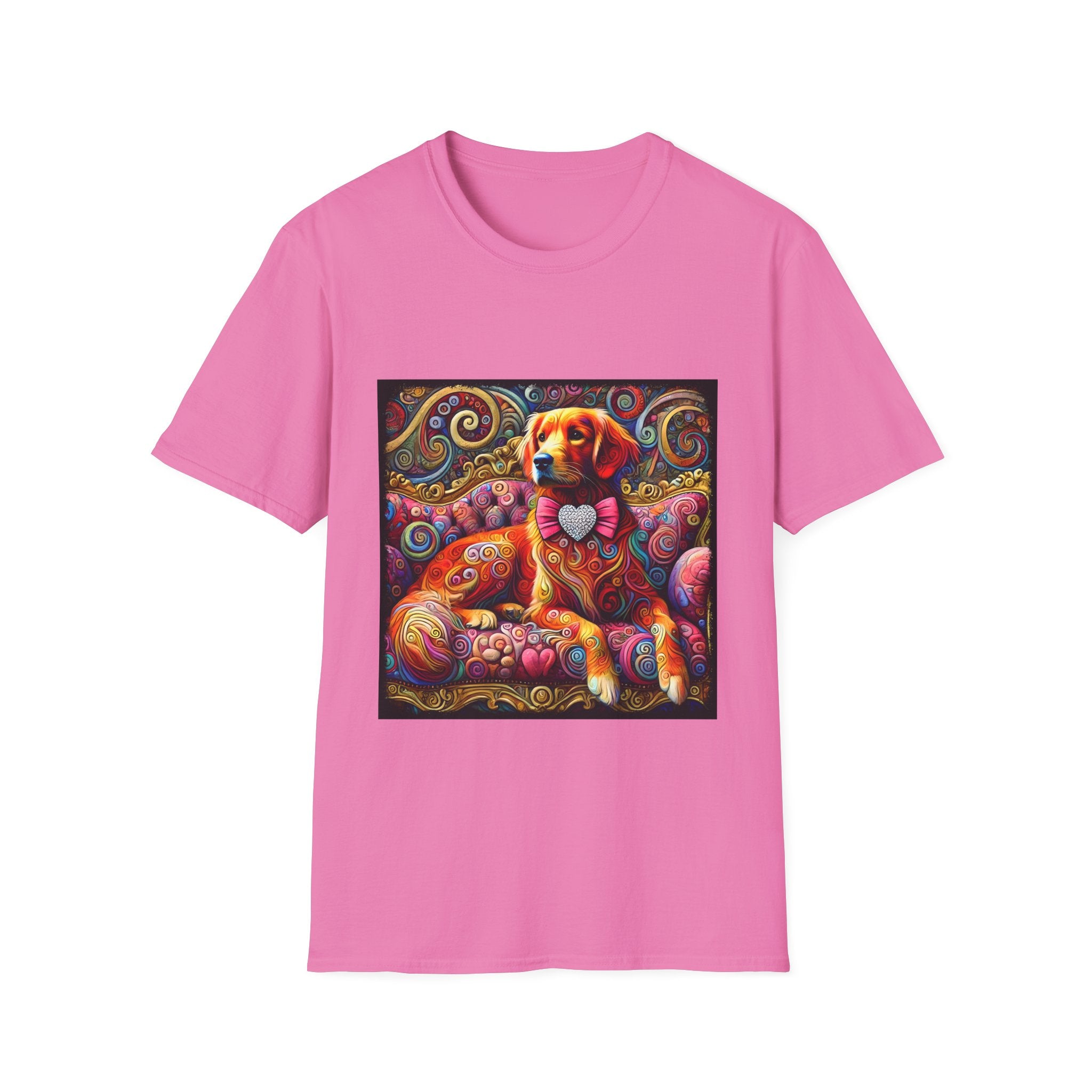 Pink dog t-shirt with golden retriever in pink bow on vibrant swirl settee with heart details.