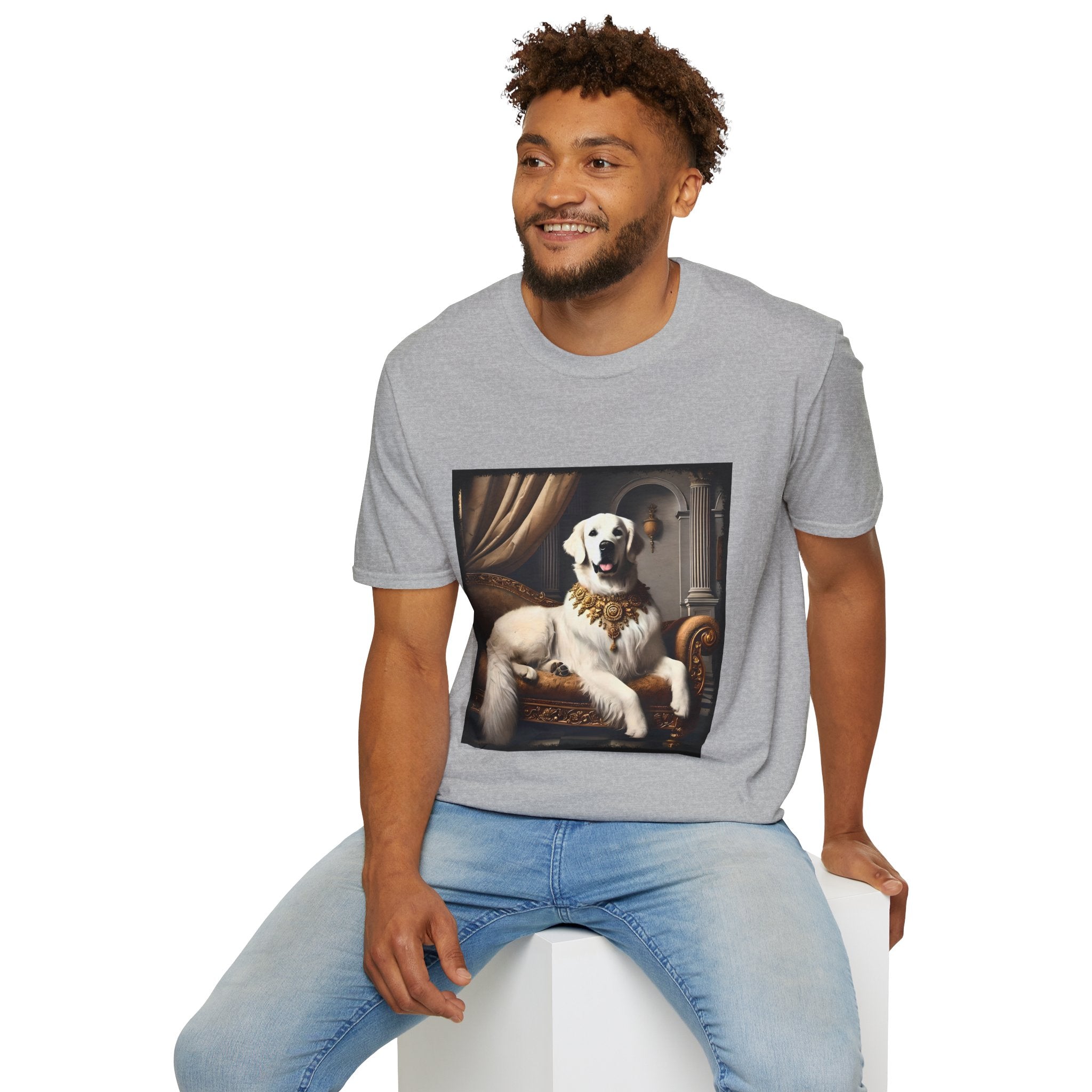 Male model wears sport gray dog t-shirt featuring a regal white golden retriever lounging on a gold settee with ornate curtains.