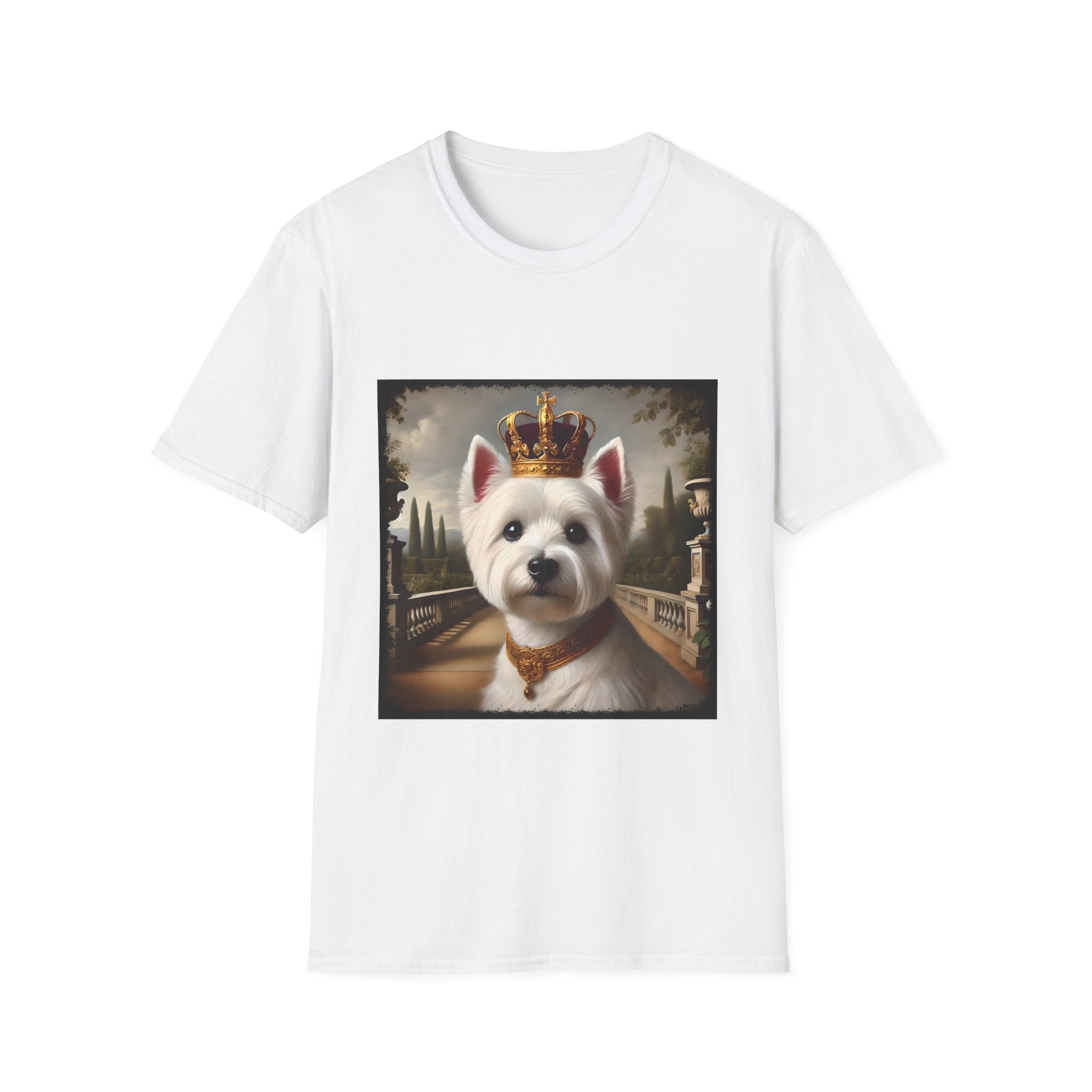 White dog t-shirt featuring regal Westie in gold crown and collar on palace terrace background.