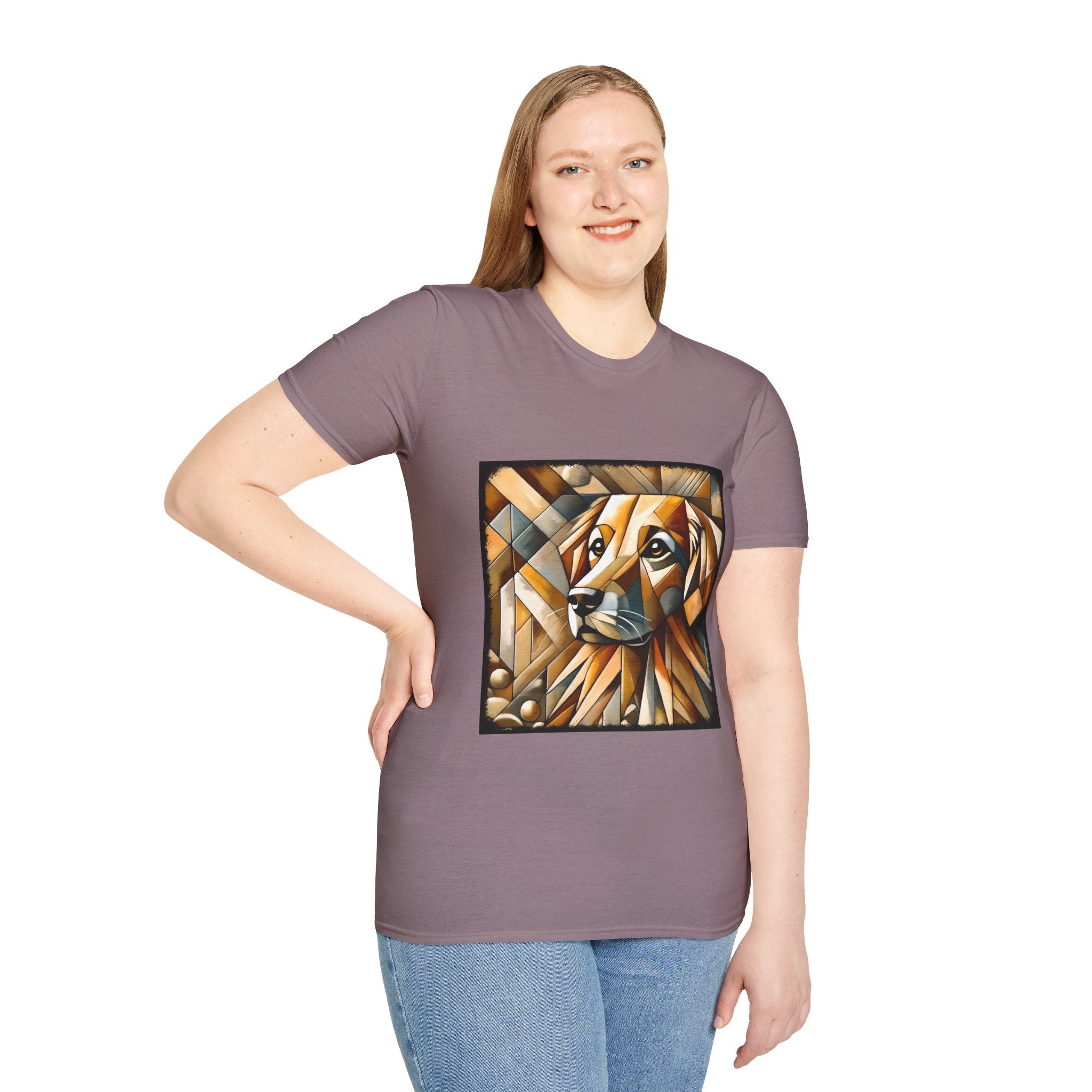 Female model in mauve dog t-shirt featuring golden retriever in geometric cubist style with warm amber and tan tones.
