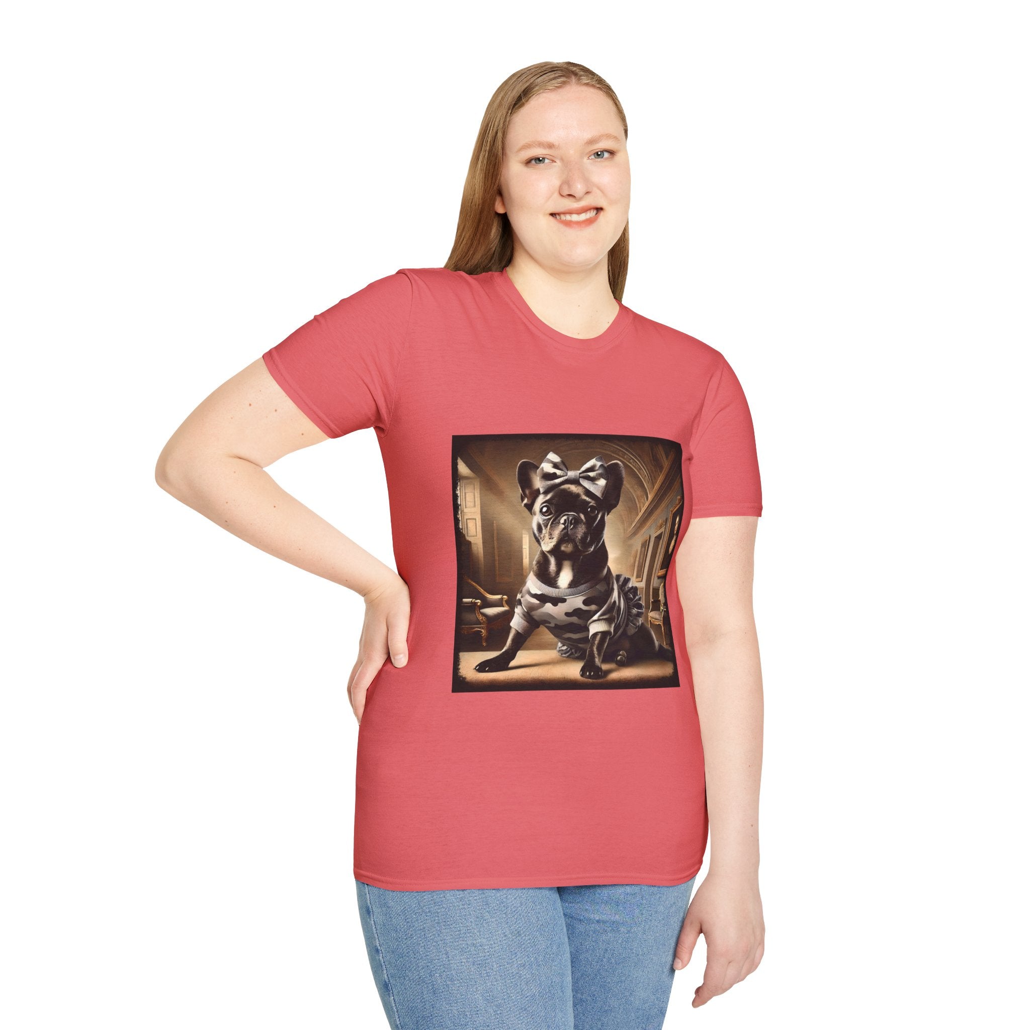 Female model in coral dog t-shirt featuring black French Bulldog in camo dress and bow, set in sepia-toned palace hall.