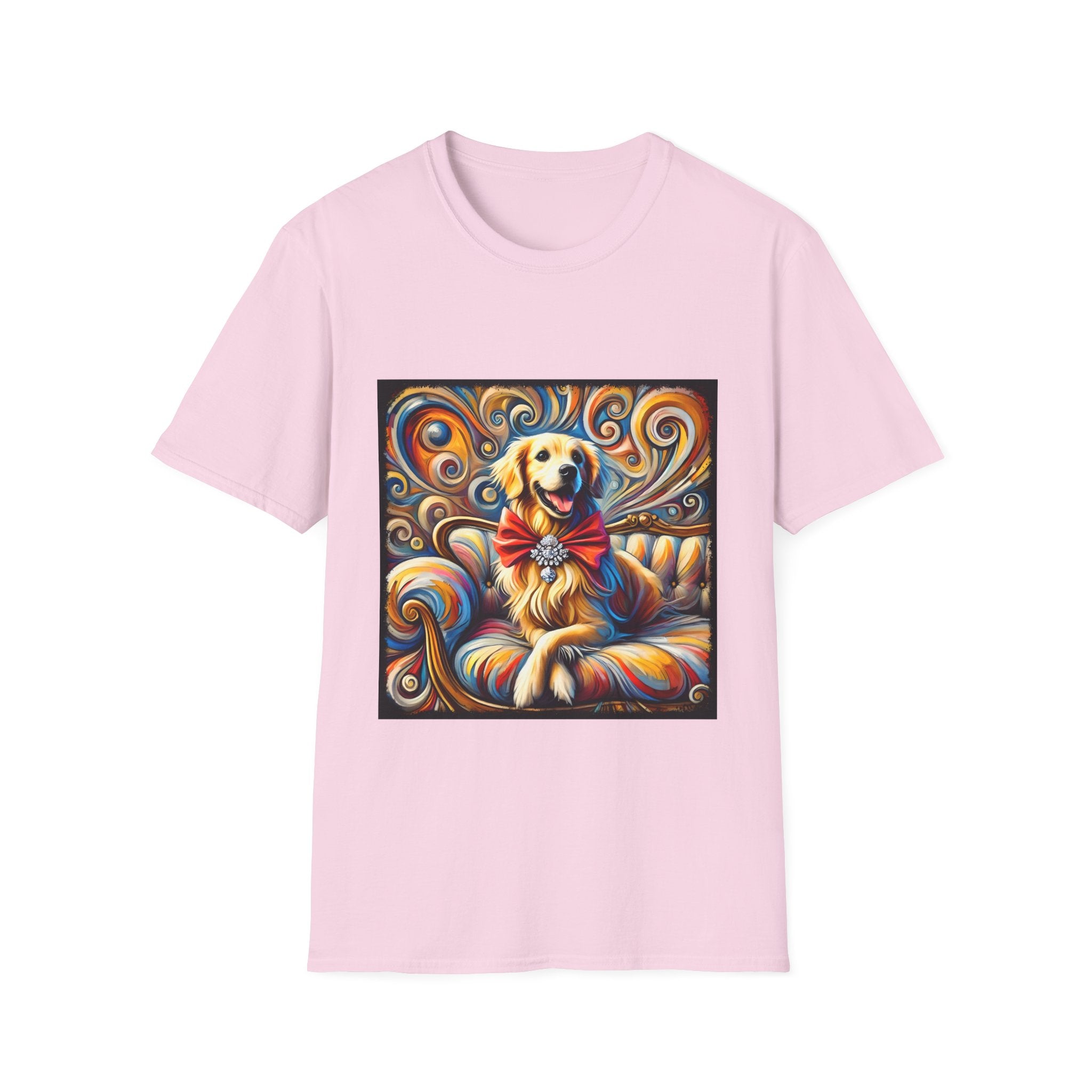 Light pink dog t-shirt featuring golden retriever with red bow on colorful swirl settee background.