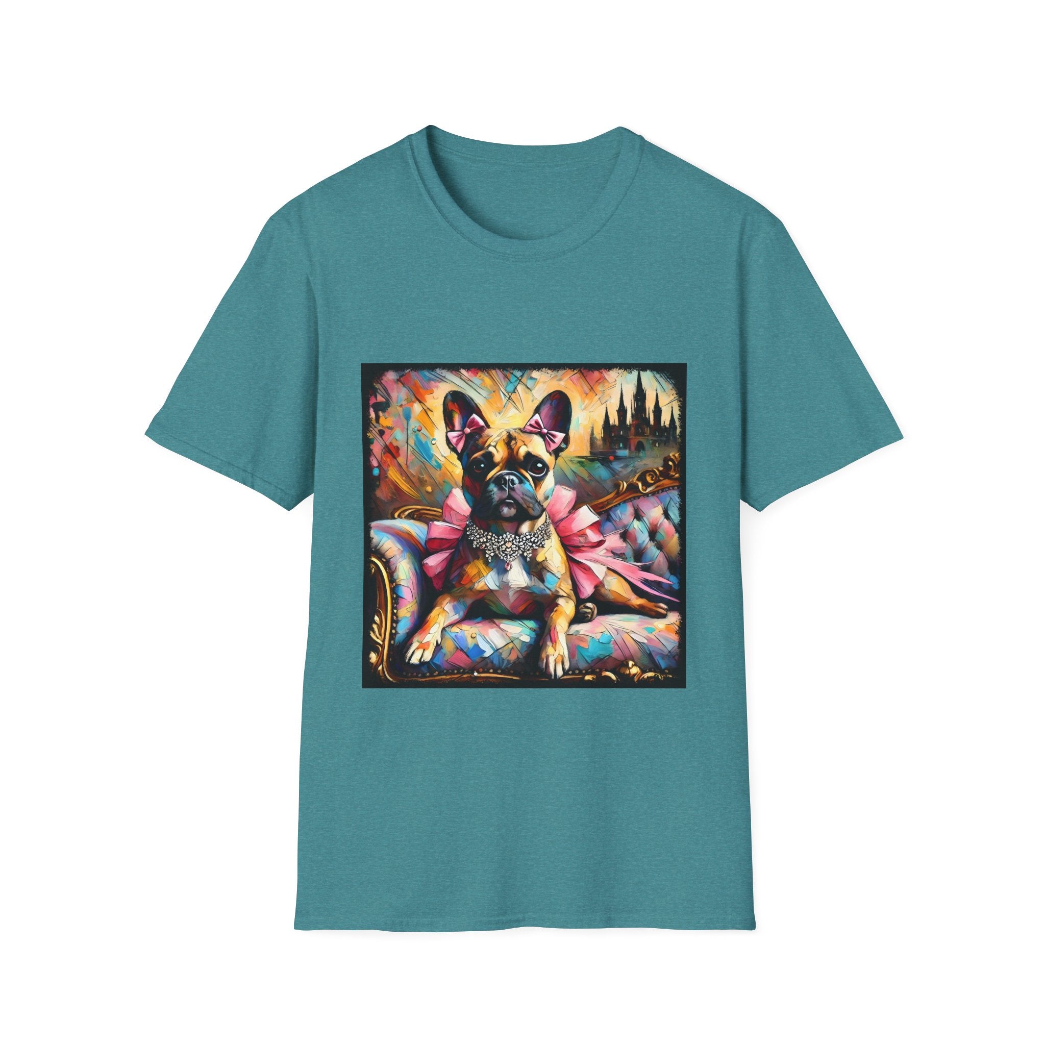 Teal dog t-shirt featuring fawn French Bulldog with jeweled collar on settee, vivid swirl and castle background.