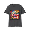 Dark heather dog t-shirt featuring golden retriever princess on pink settee with tiara and castle backdrop.