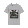 Sport gray dog t-shirt featuring a brindle boxer in leather jacket on green settee with chevron wall backdrop.