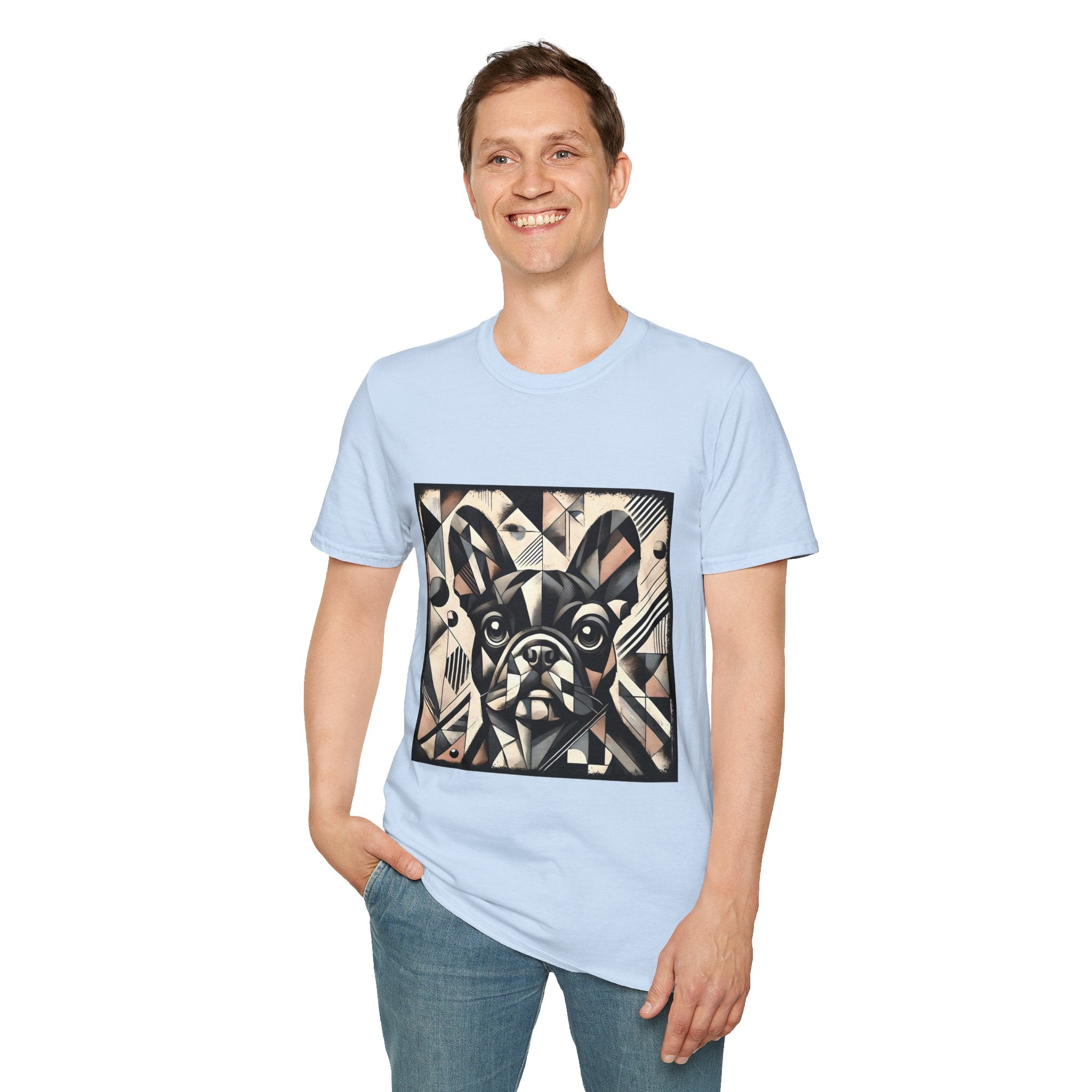 Man smiling in light blue dog t-shirt featuring geometric French Bulldog in cubist tones of black, beige, cream, and soft blush.
