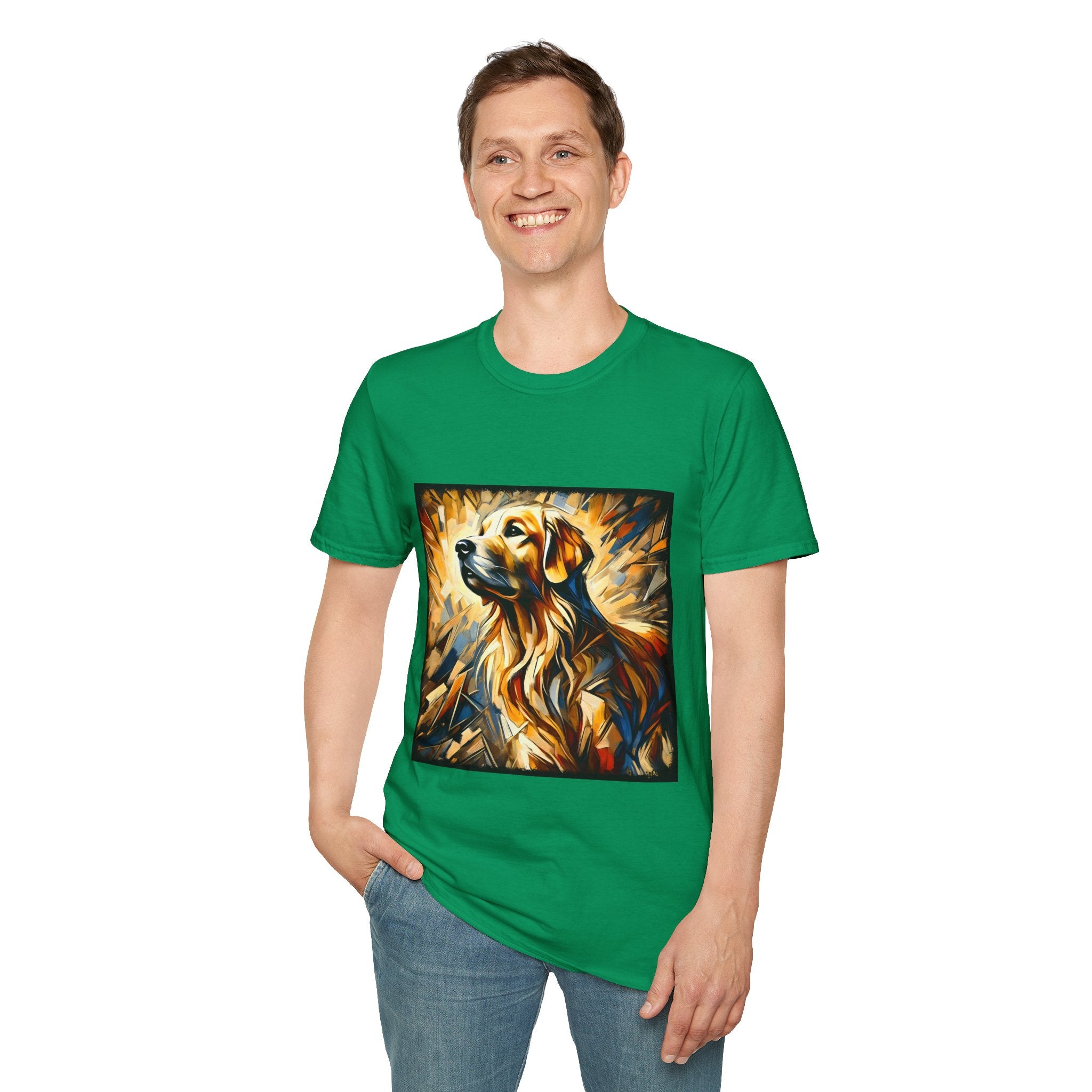 Male model in kelly green dog t-shirt featuring golden retriever portrait with fiery gold, blue, and amber abstract swirls.