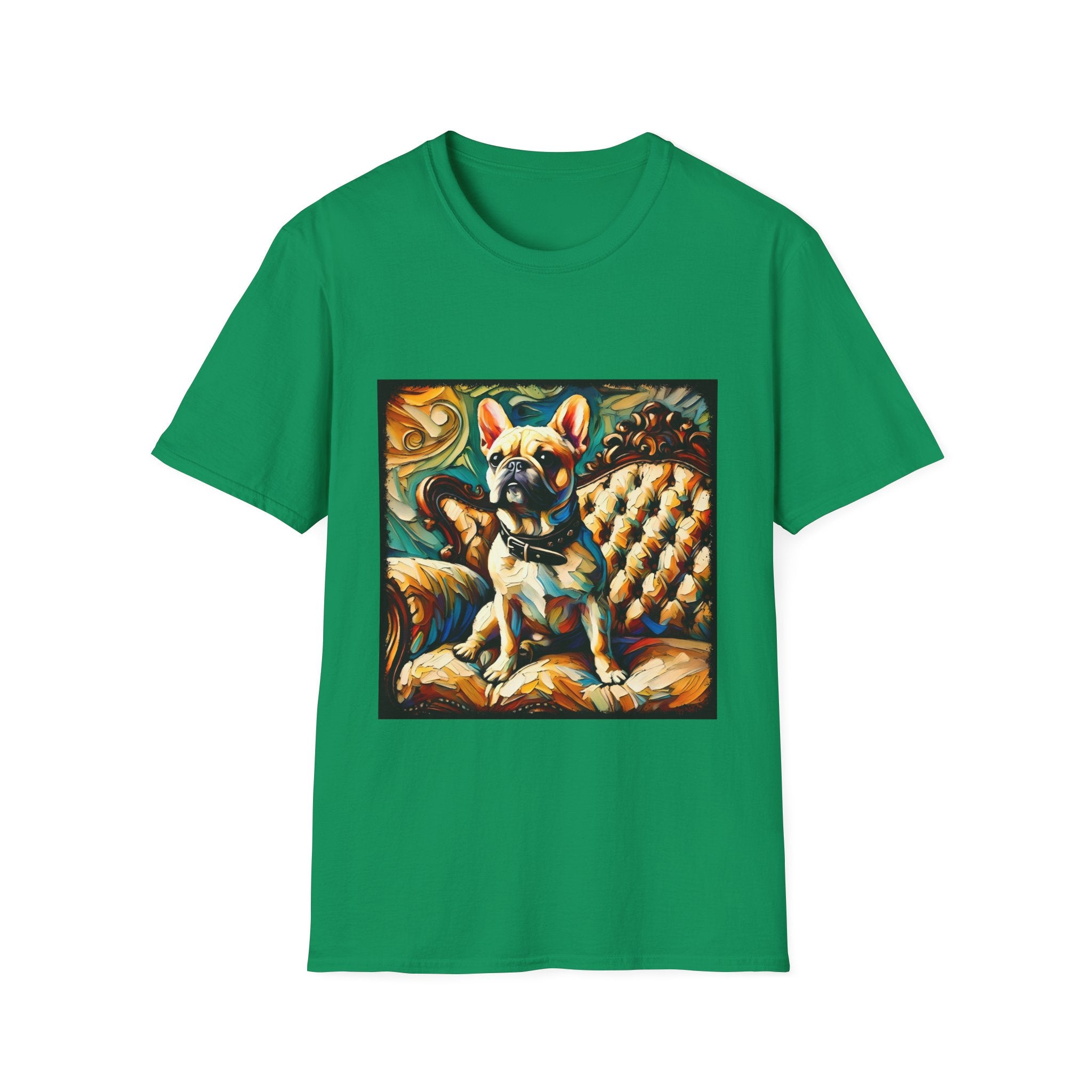 Kelly green dog t-shirt featuring fawn French Bulldog with collar on golden tufted settee and bold swirl backdrop.