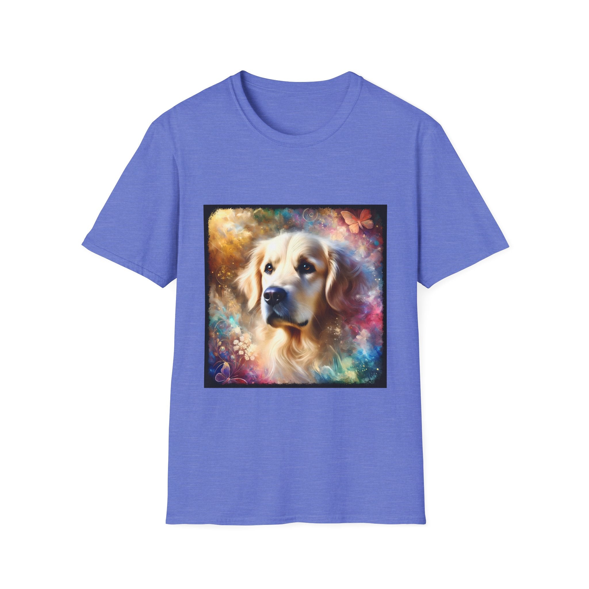 Heather royal dog t-shirt with golden retriever portrait, soft fur, butterflies, and dreamy pastel colors.