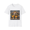 White dog t-shirt with golden retriever in yellow-black outfit on gold settee, black and white art deco backdrop.