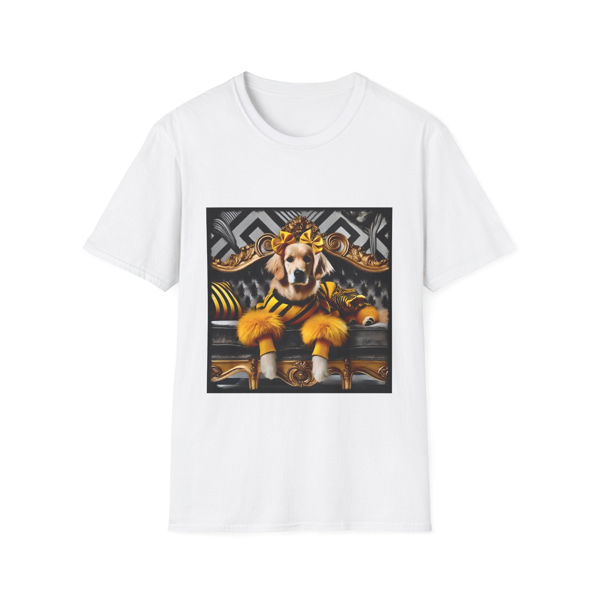 White dog t-shirt with golden retriever in yellow-black outfit on gold settee, black and white art deco backdrop.