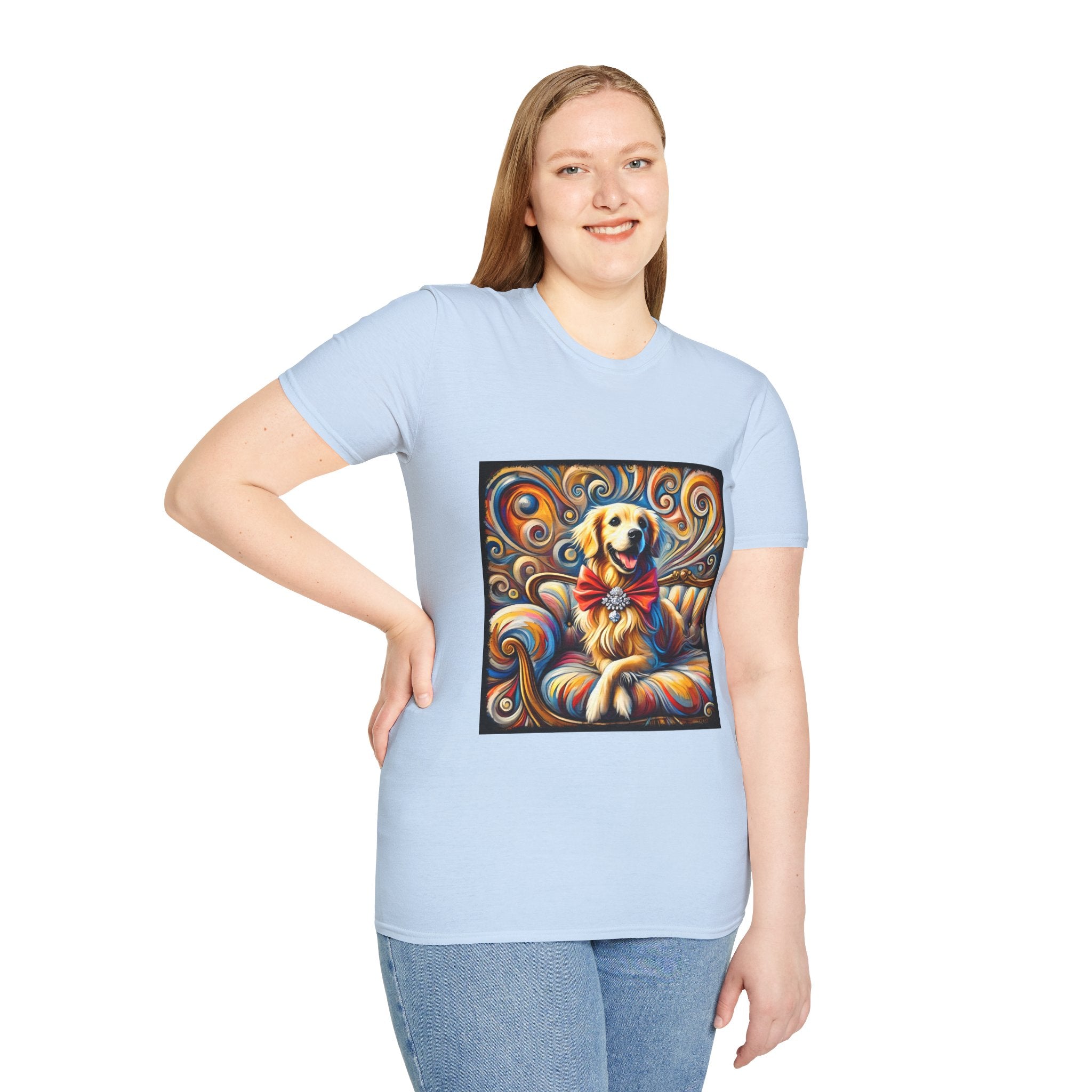 Female model in light blue dog t-shirt featuring golden retriever with red bow on colorful swirl settee background.