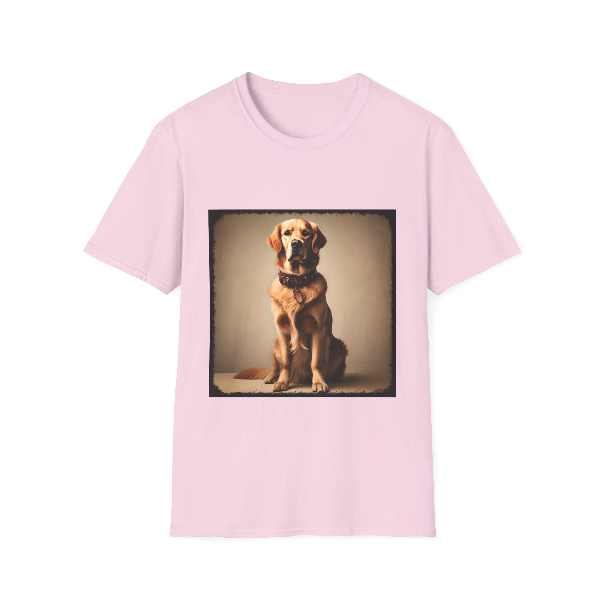 Light pink dog t-shirt featuring golden retriever in brown collar, seated against a neutral tan backdrop.