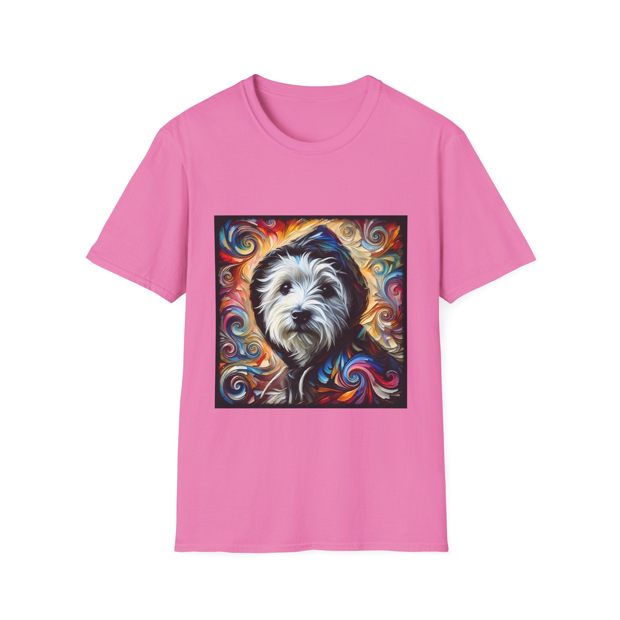 Pink dog t-shirt featuring Westie in black hoodie with swirling red blue orange and gold background.